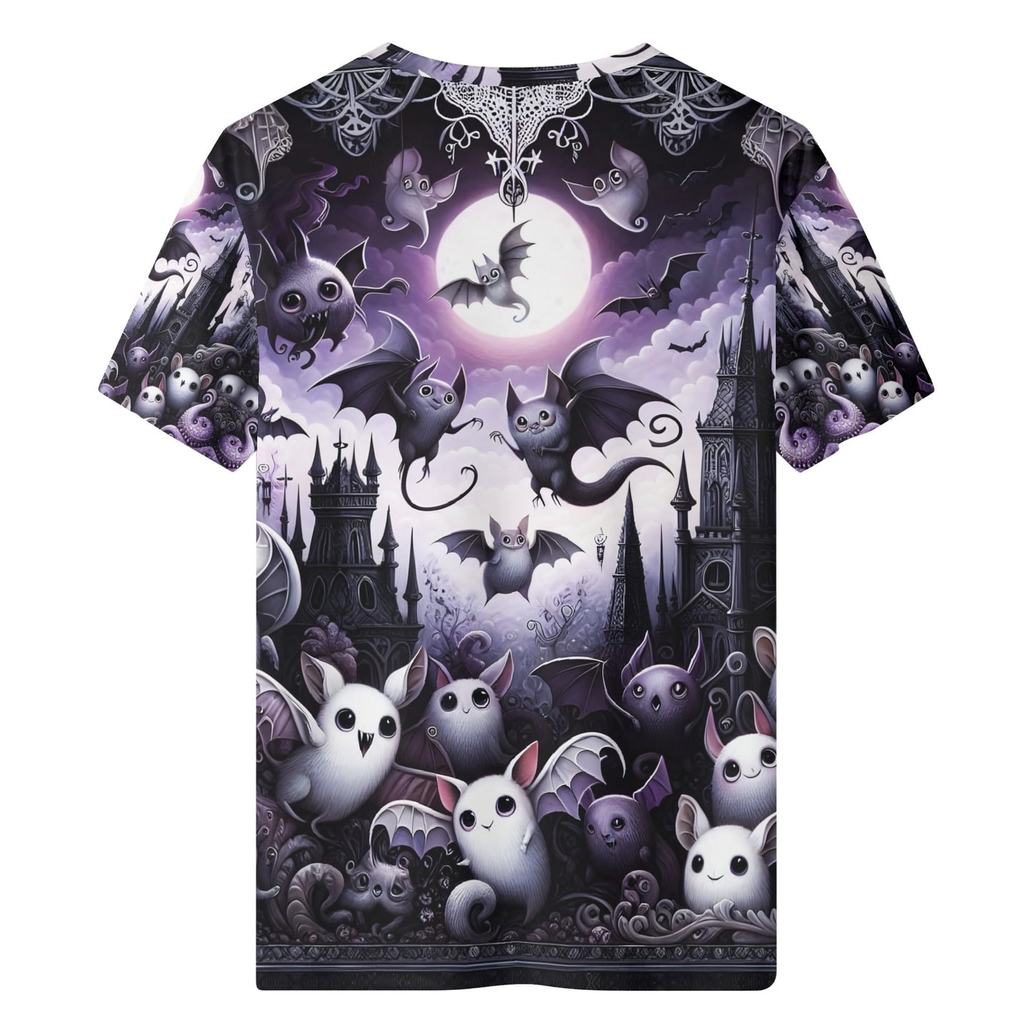 Nightfall Wonders Organic Cotton Kids T-Shirt featuring whimsical bats and spooky castle design in purple and black