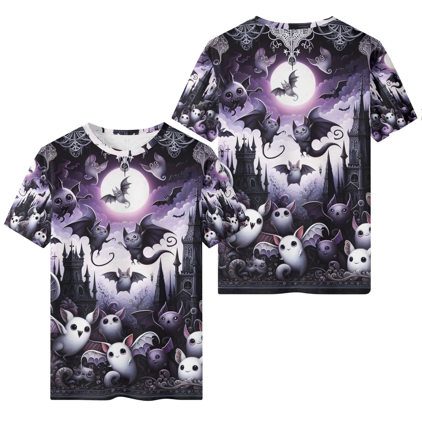 Nightfall Wonders Organic Cotton Kids T-Shirt featuring cute bats and owls under a full moon in purple gothic design