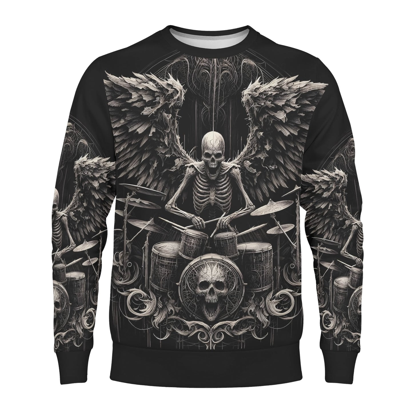 Loud and Lethal unisex sweater featuring winged skeleton drummer skull design Dark Drumming Poly French Terry Sweatshirt