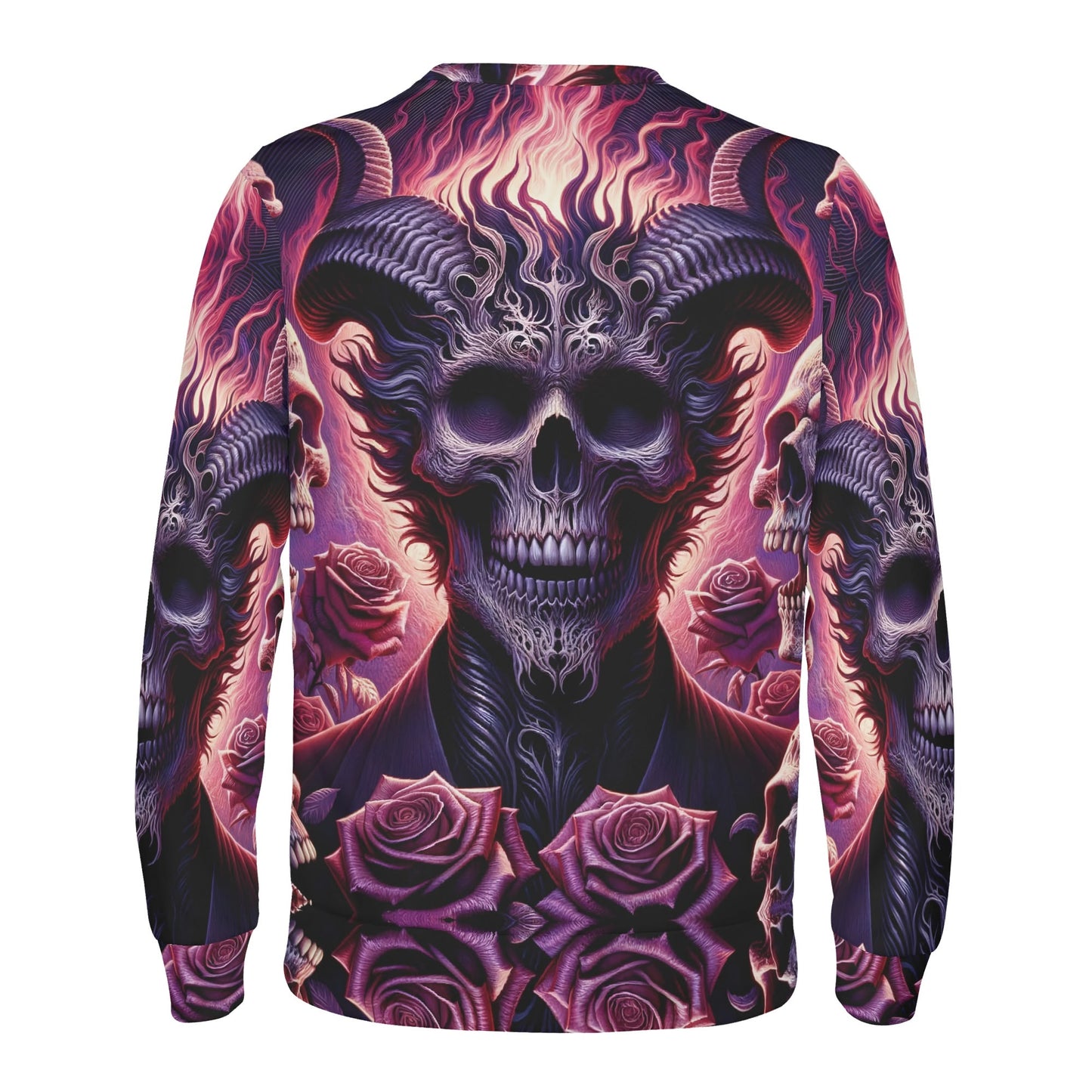 Harbinger of Surreal Defiance Cotton Terry Sweatshirt Loud and Lethal unisex sweater with horned flaming skull and purple roses