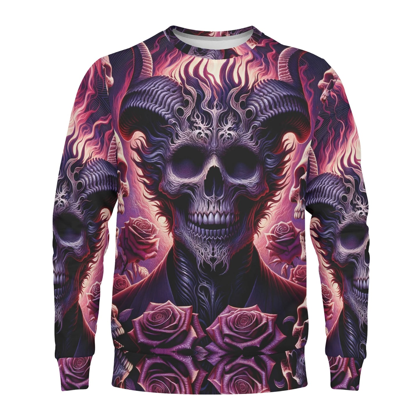 Loud and Lethal Harbinger of Surreal Defiance Cotton Terry Sweatshirt unisex sweater with purple horned skull flames and roses