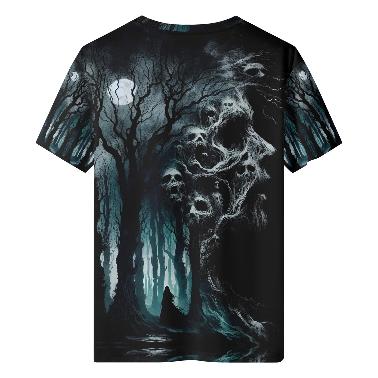 Nightmare Grove 100 Cotton T-Shirt with dark eerie forest and ghostly skulls graphic design