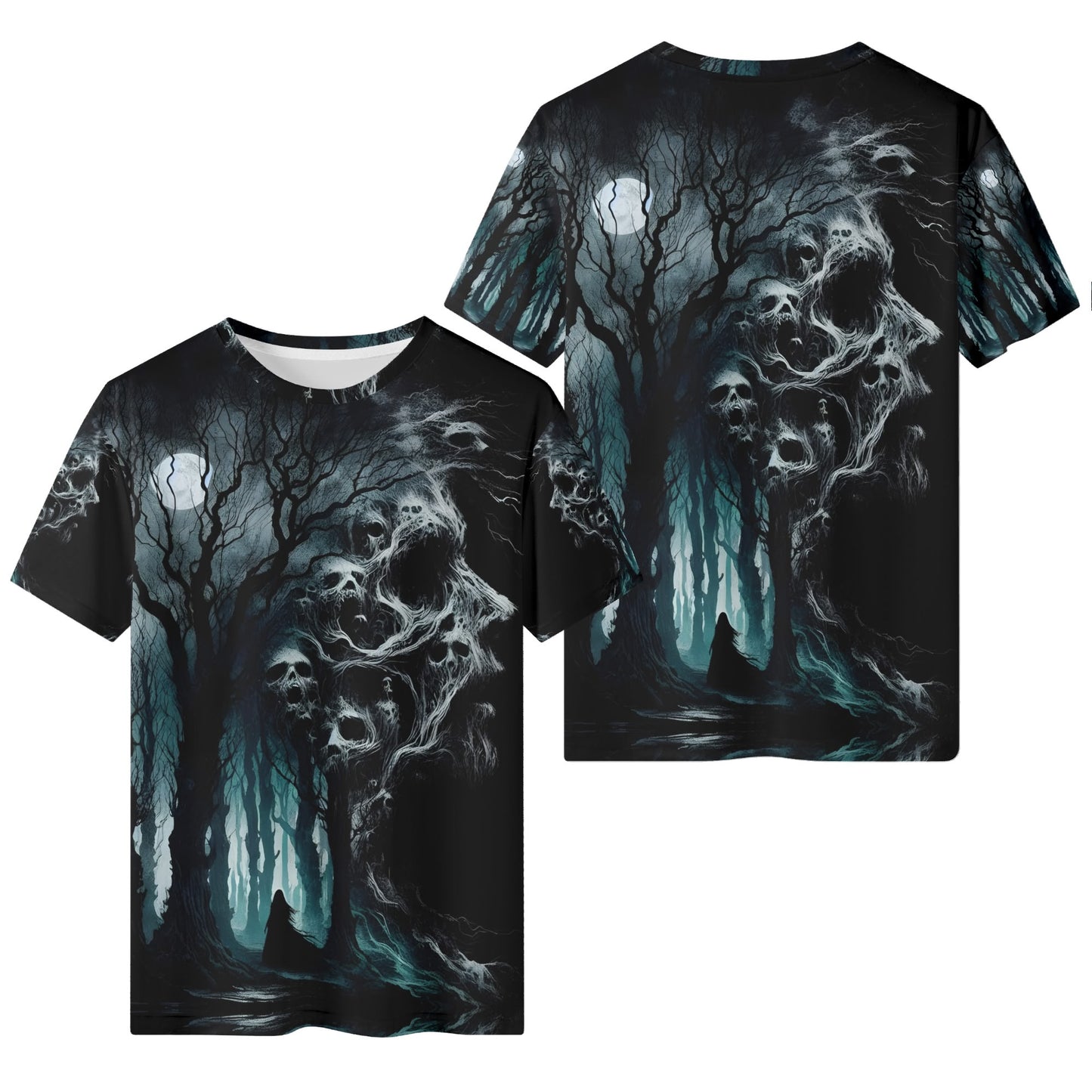 Nightmare Grove 100 Cotton T-Shirt by Loud and Lethal featuring a dark forest with ghostly skulls and eerie moonlit trees