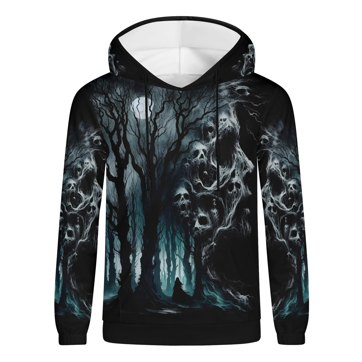 Nightmare Grove Poly French Terry hoodie with dark forest and ghostly skull designs by Loud and Lethal
