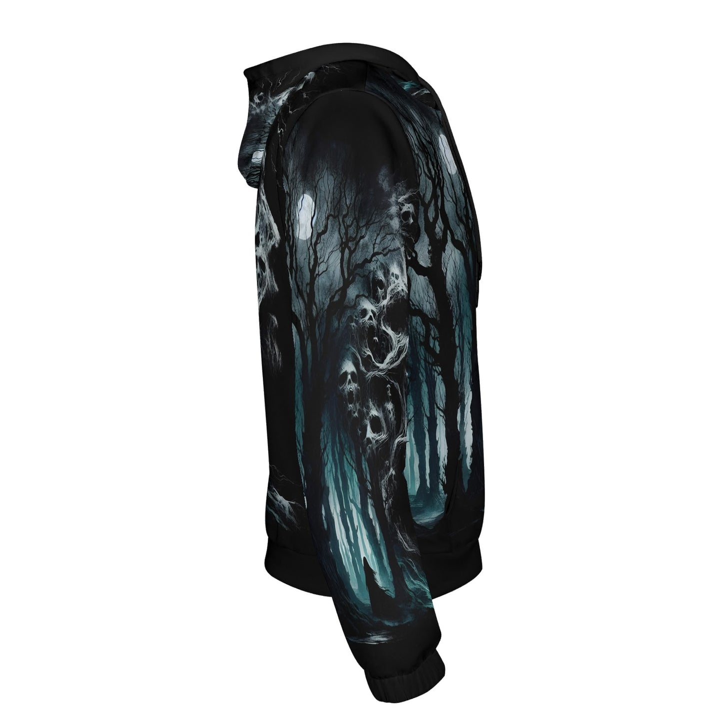 Loud and Lethal Nightmare Grove Poly French Terry hoodie with dark eerie forest and ghostly skull design