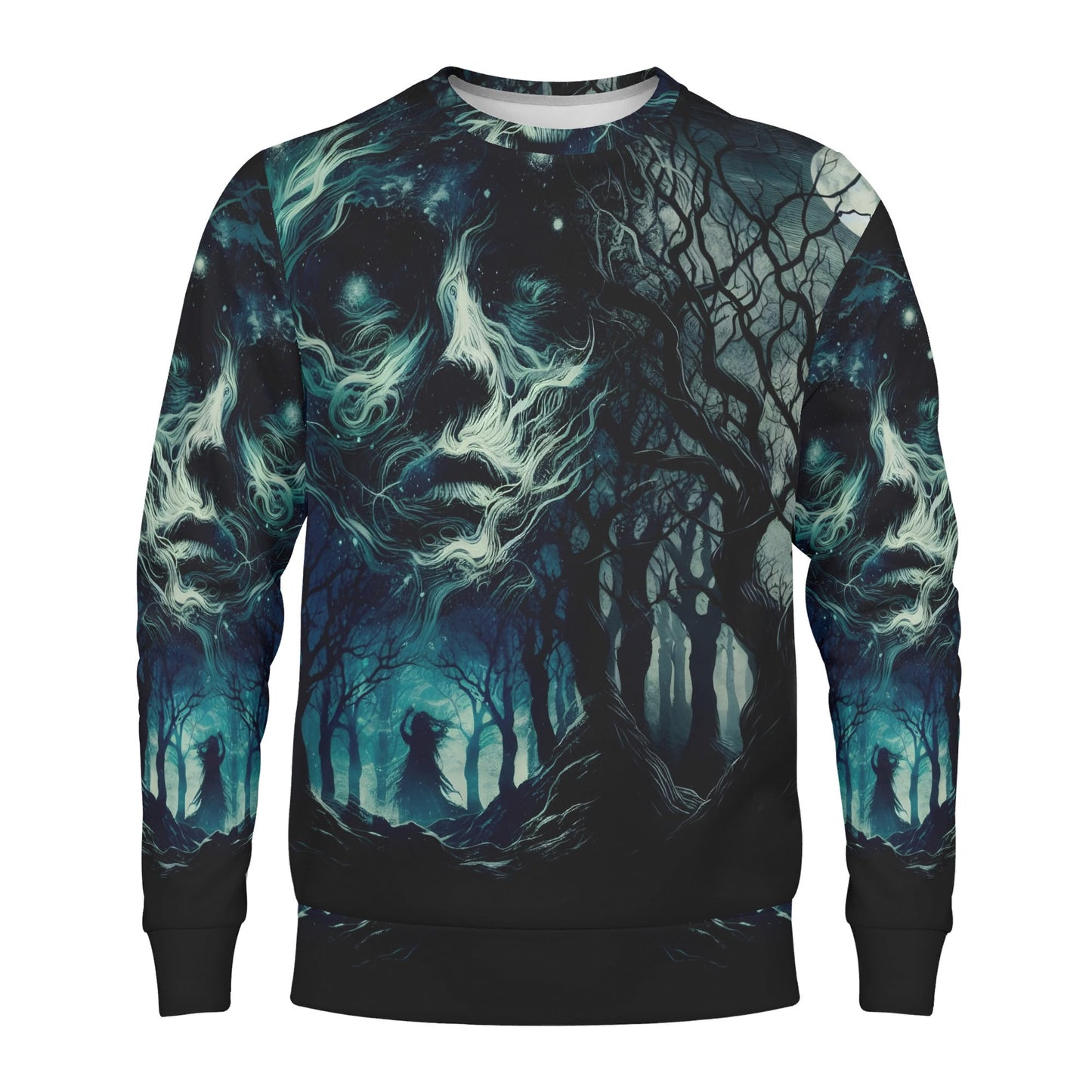 Loud and Lethal unisex sweater with eerie forest face and moon print Fear of the Dark Poly French Terry Sweatshirt