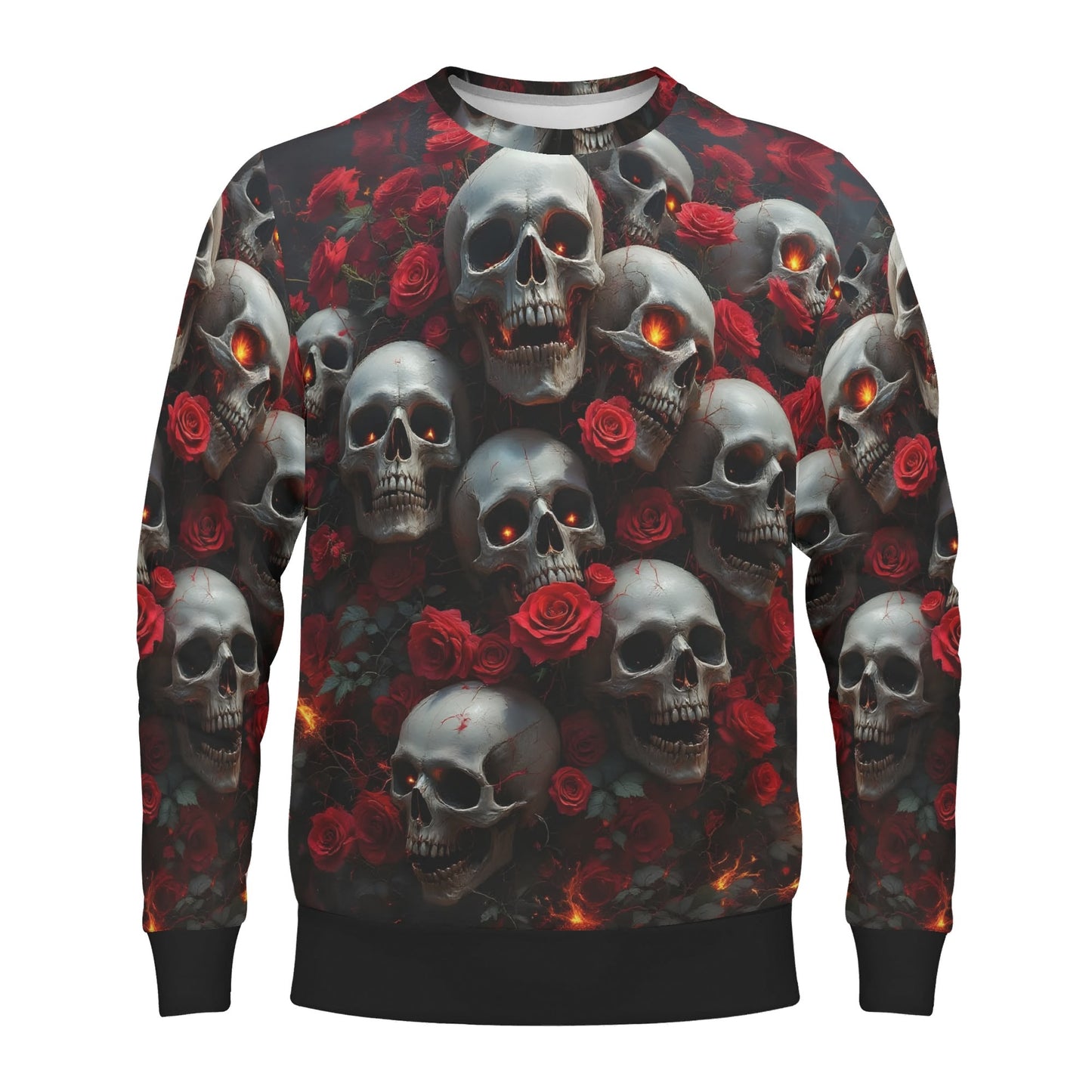 Loud and Lethal unisex sweater with skulls and red roses pattern A Dance Among the Shadows Poly French Terry Sweatshirt.