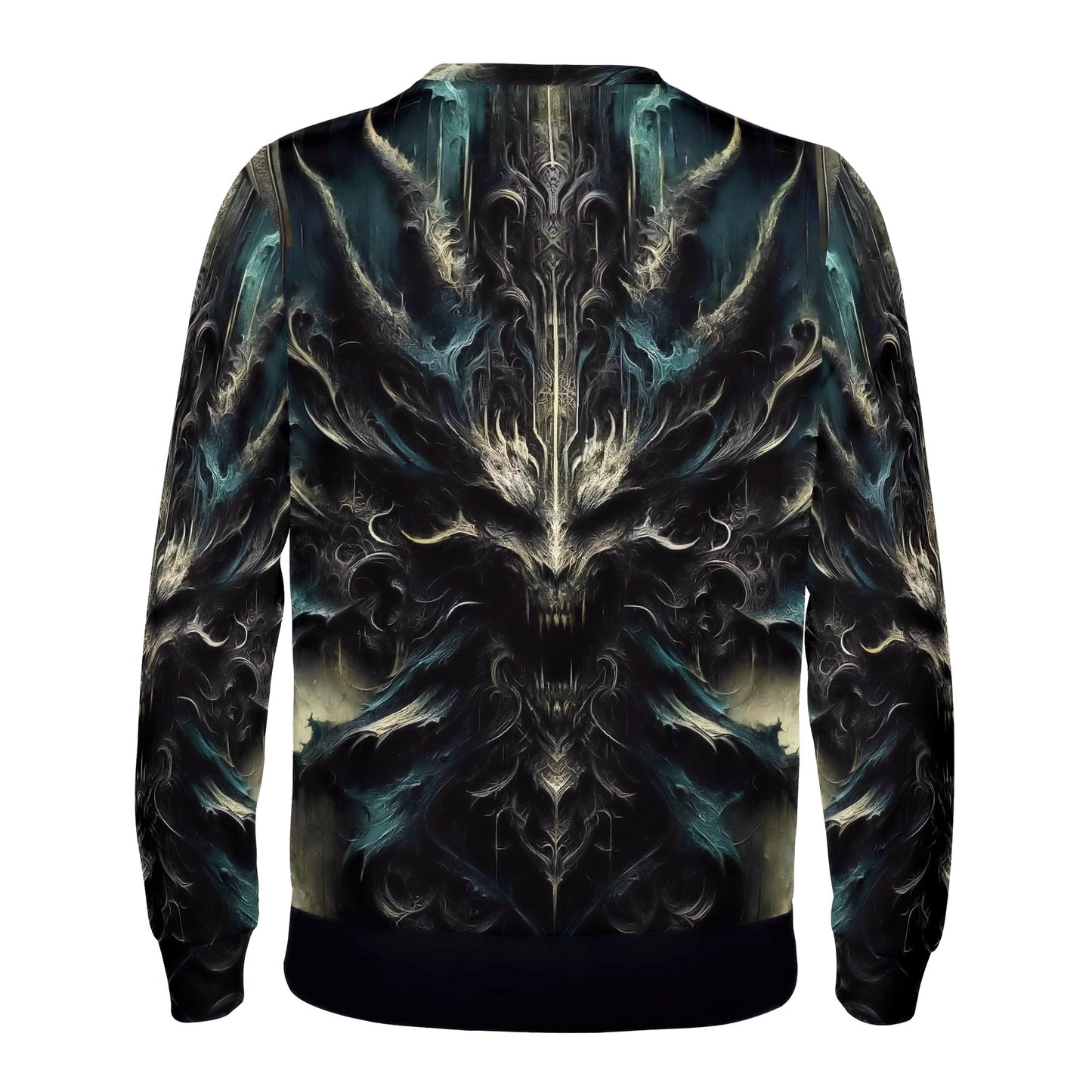 Echoes of the Underworld Poly French Terry Sweatshirt unisex back view with dark ornate demonic skull design and teal accents