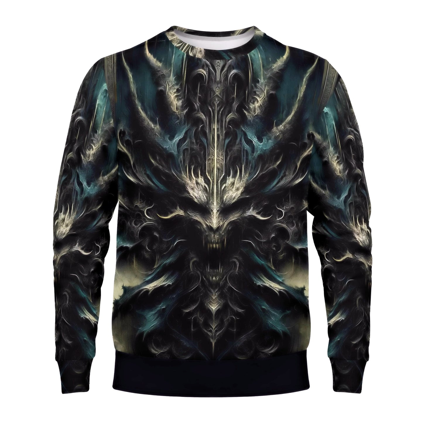 Unisex Loud and Lethal Echoes of the Underworld Poly French Terry Sweatshirt with dark symmetrical demon print