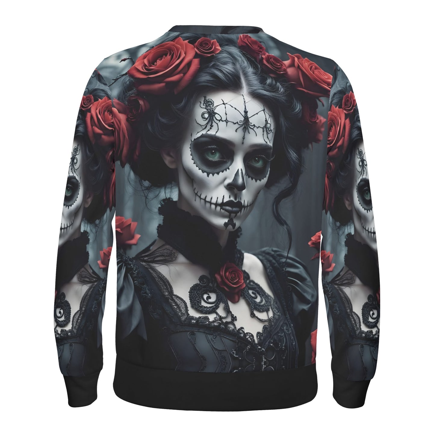Dark Rose Enigma Poly French Terry Sweatshirt by Loud and Lethal unisex sweater with sugar skull and red rose print on back