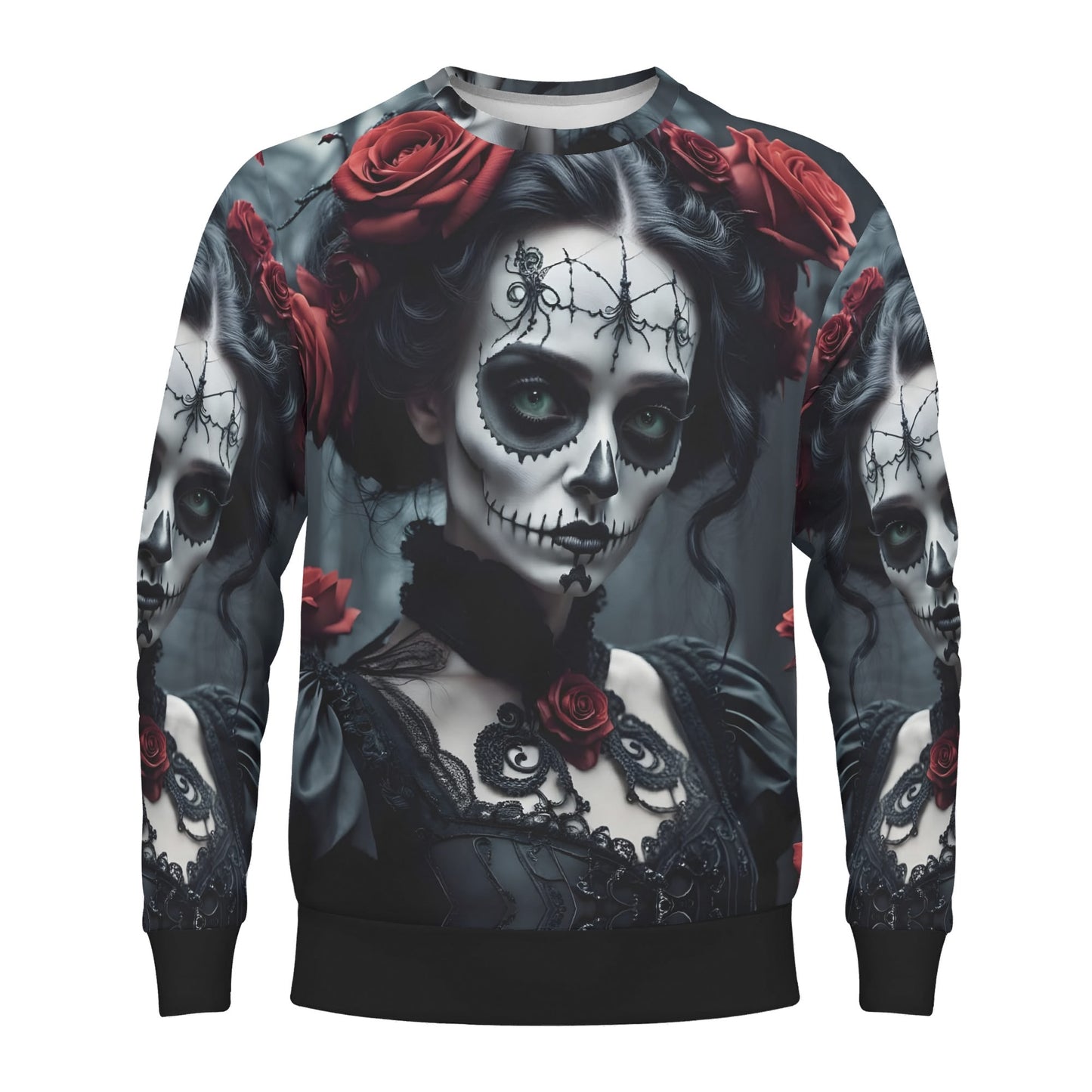 Dark Rose Enigma Poly French Terry Sweatshirt by Loud and Lethal unisex gothic skull portrait with red roses all over print