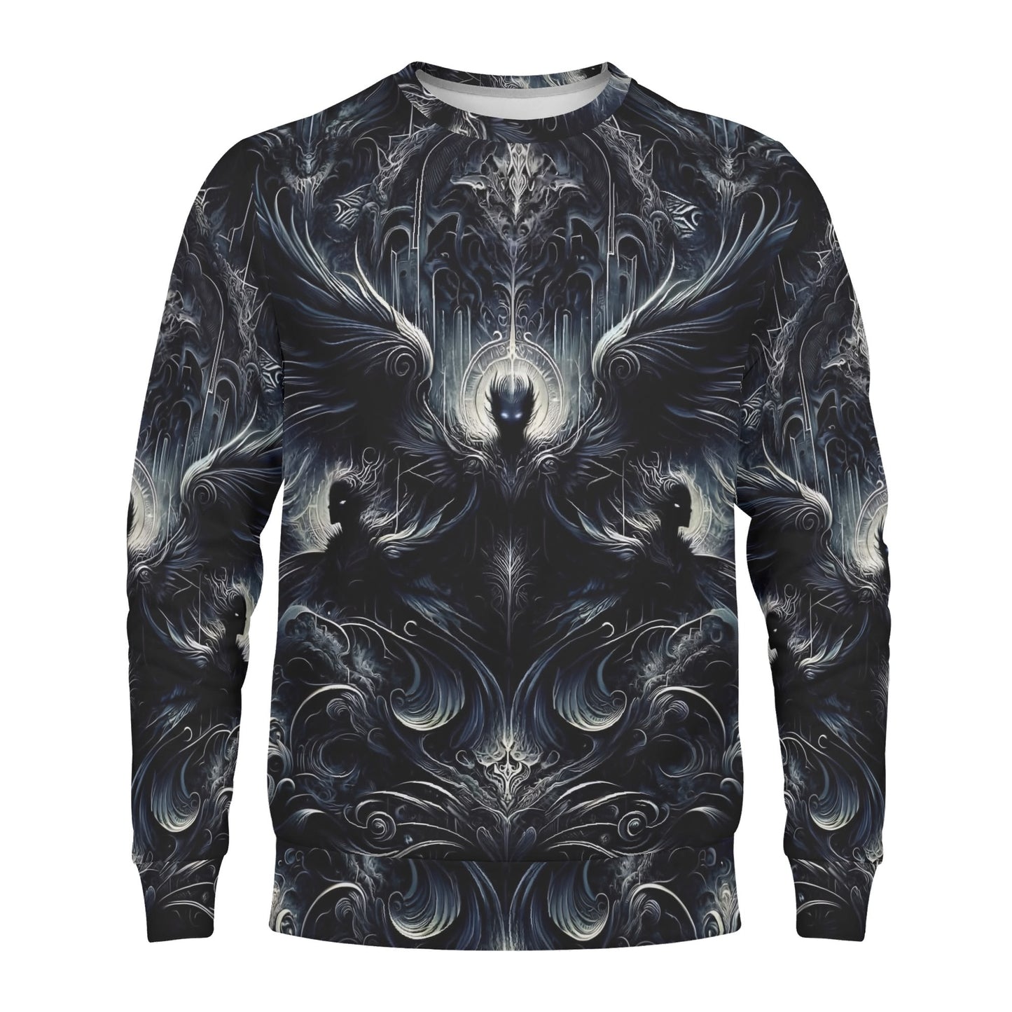Gilded Wings of Dusk Poly French Terry Sweatshirt by Loud and Lethal unisex sweater with dark ornate winged gothic design