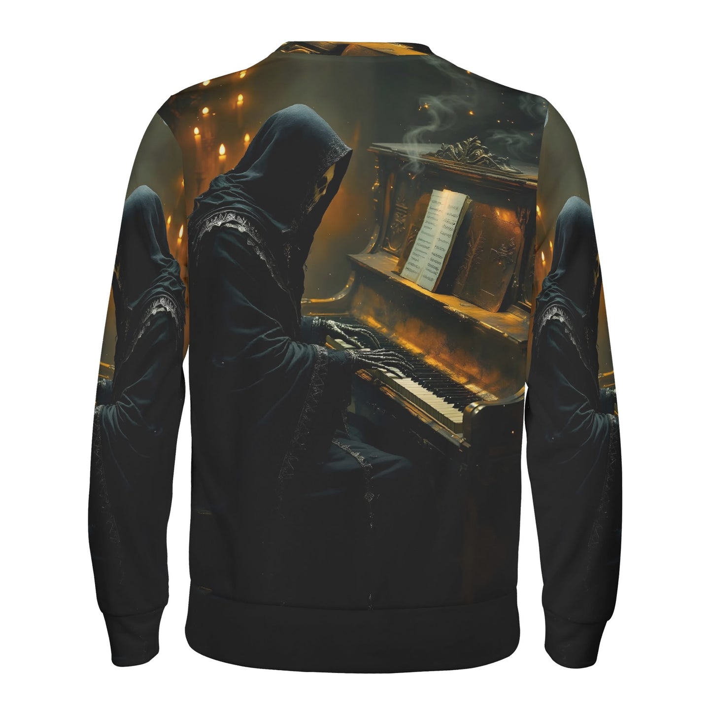 Midnight in Minor Poly French Terry Sweatshirt by Loud and Lethal unisex sweater with hooded pianist at candlelit piano print
