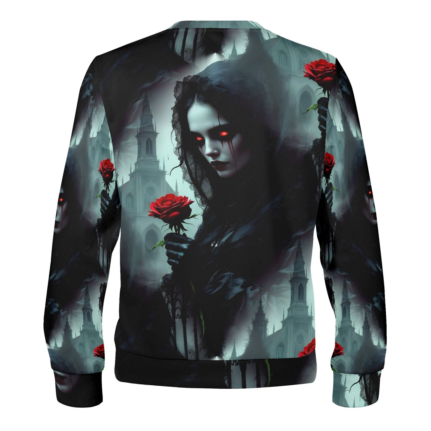Paint It Black Poly French Terry Sweatshirt back view Loud and Lethal unisex gothic woman with red rose and glowing eyes