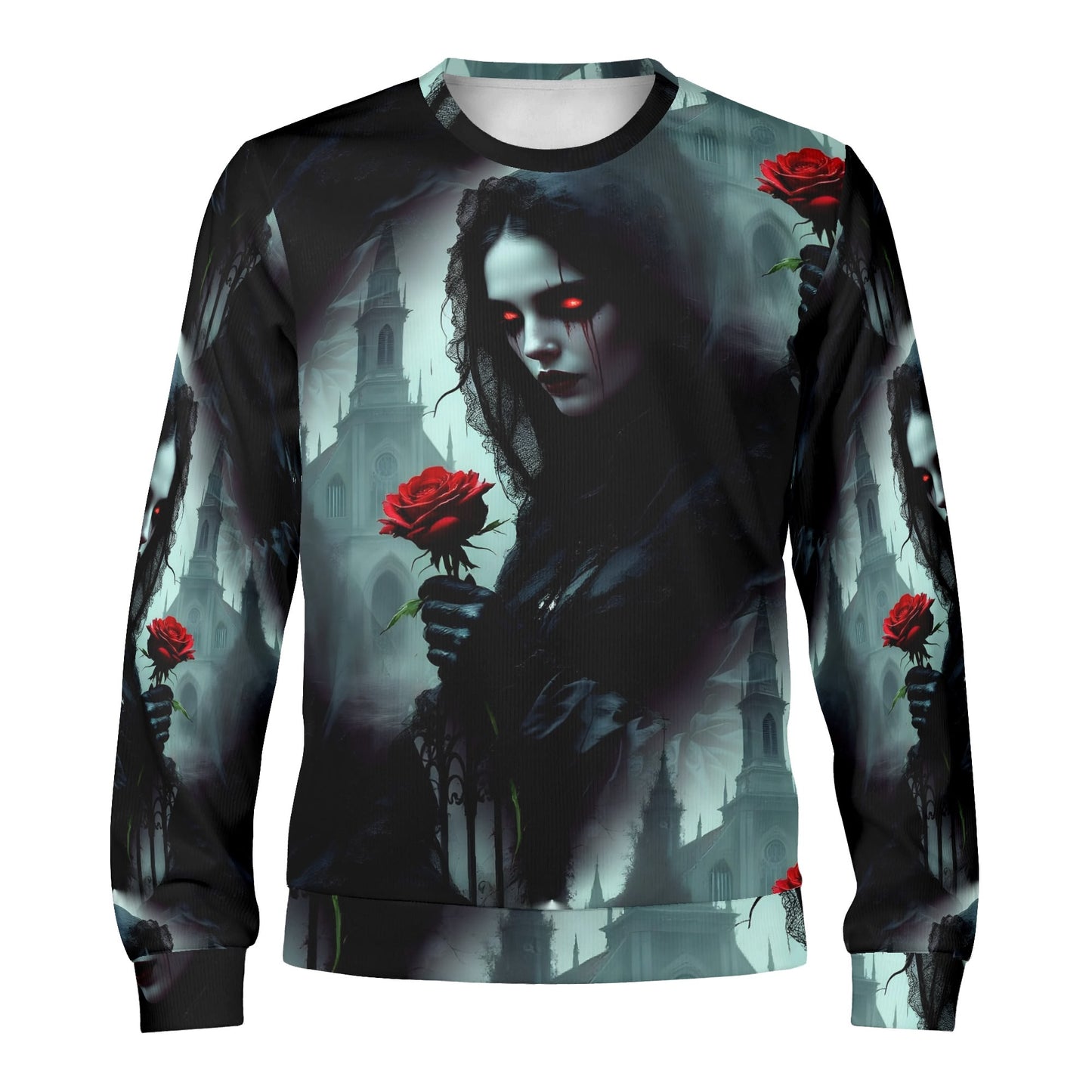 Paint It Black Poly French Terry Sweatshirt by Loud and Lethal unisex gothic sweater with red eyed woman holding red rose
