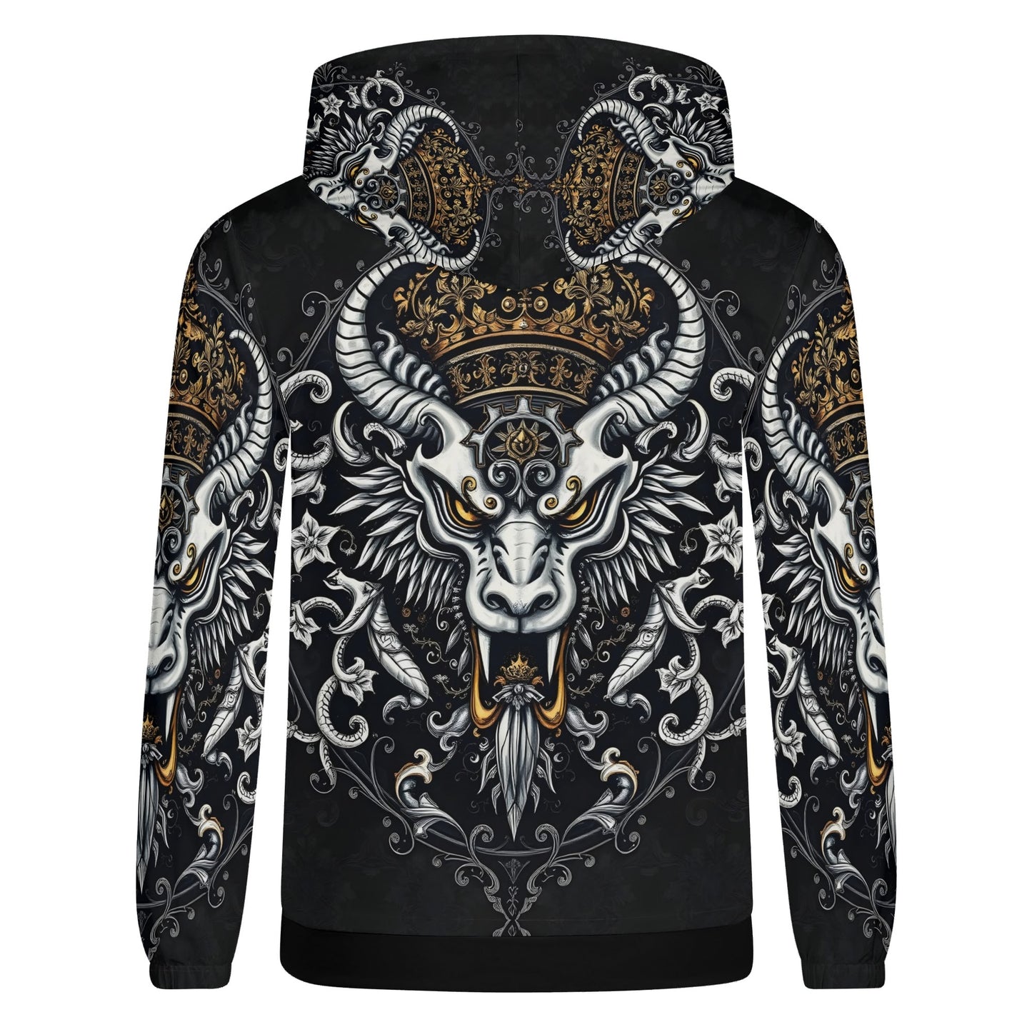Unisex black hoodie with crowned horned goat and gold filigree Shadowed Splendor Poly French Terry Hoodie Limited Edition