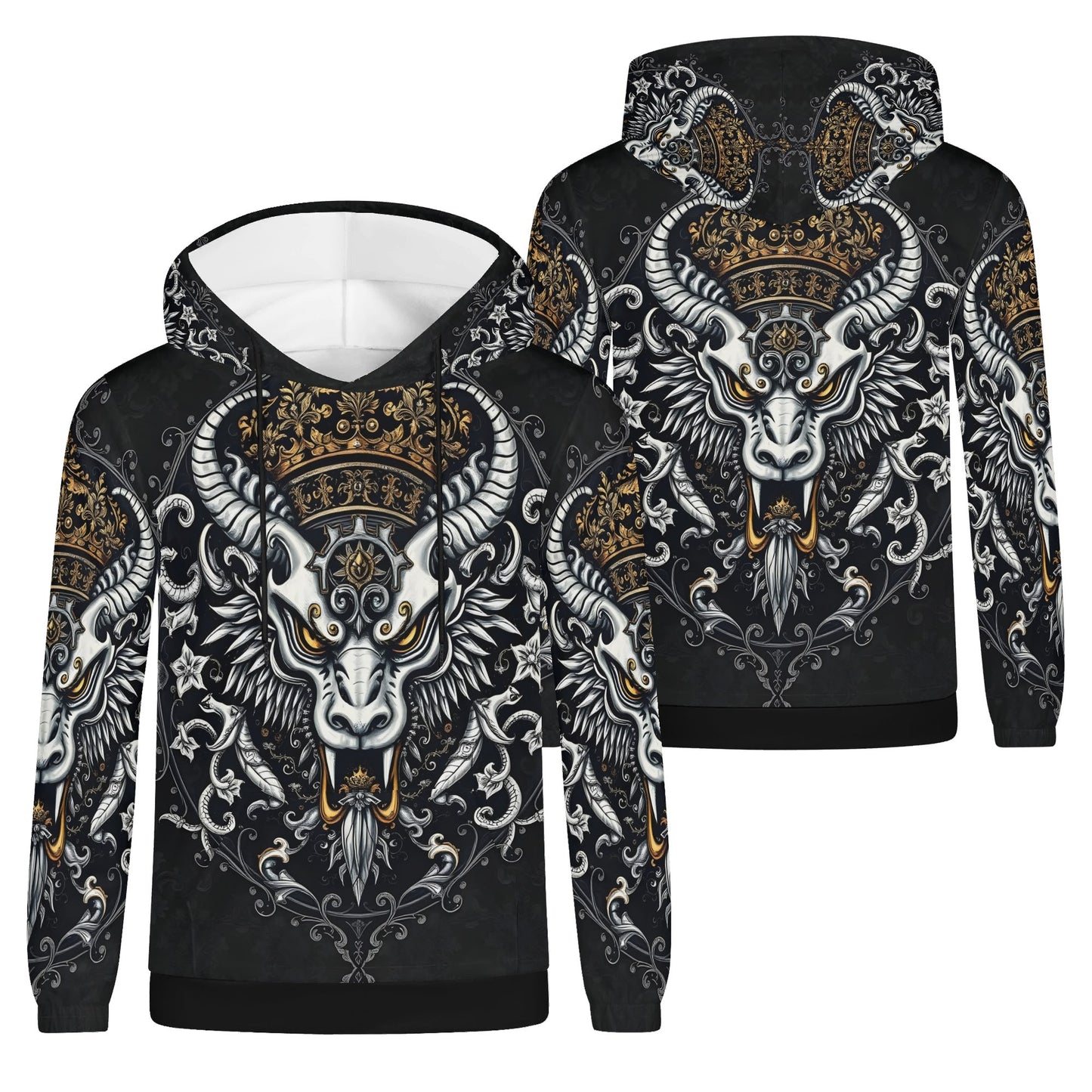 Shadowed Splendor Poly French Terry Hoodie Limited Edition unisex Loud and Lethal black hoodie with ornate horned crown design