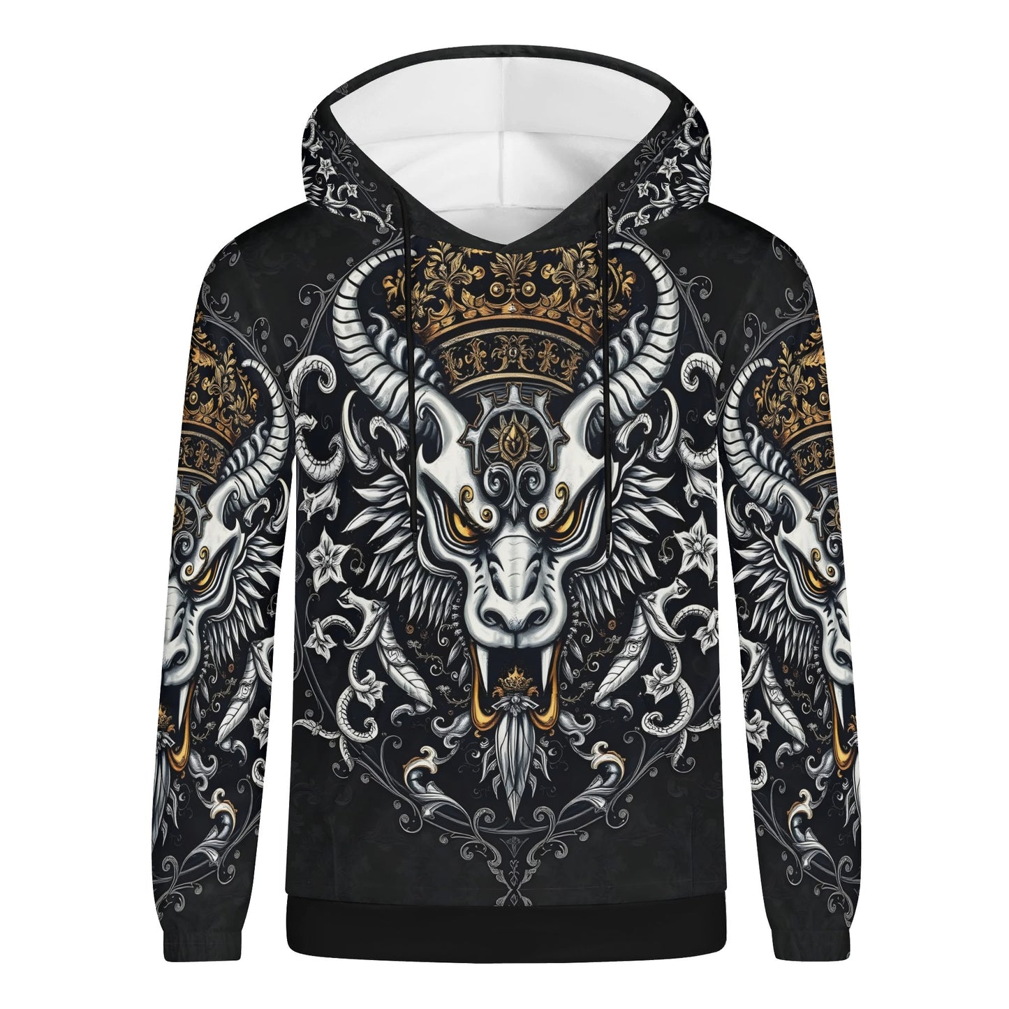 Shadowed Splendor Poly French Terry Hoodie Limited Edition by Loud and Lethal unisex black hoodie ornate horned skull gold crown