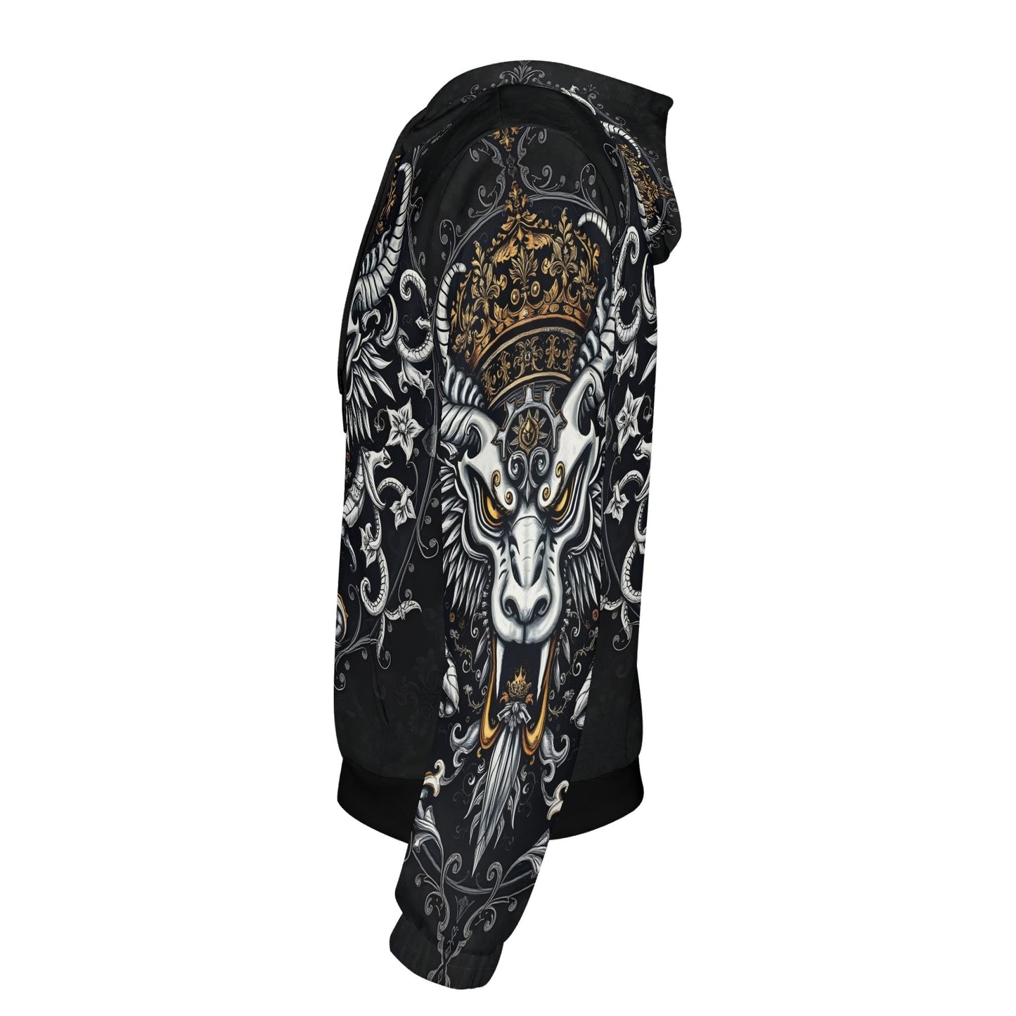 Shadowed Splendor Poly French Terry Hoodie Limited Edition black unisex hoodie with crowned horned goat skull and gold filigree