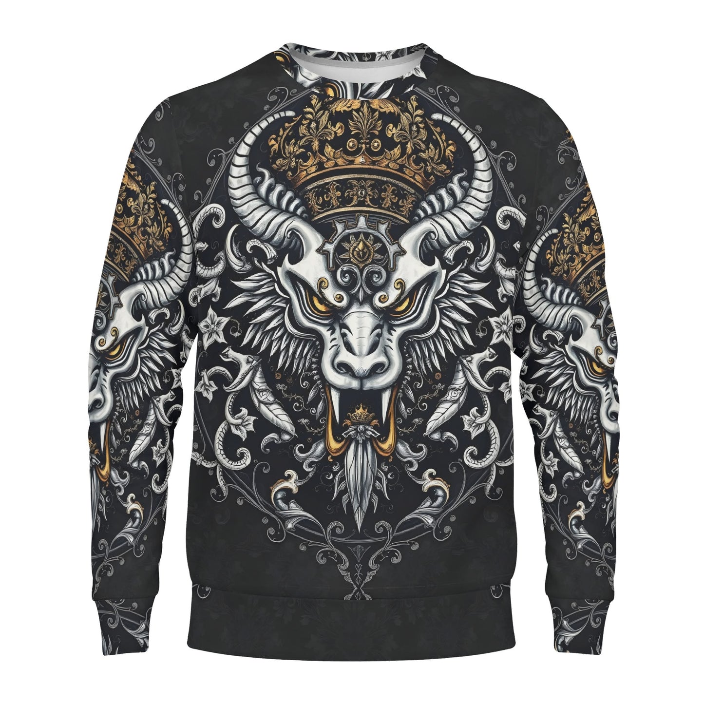 Shadowed Splendor Poly French Terry Sweatshirt Limited Edition unisex sweater with ornate crowned horned beast design