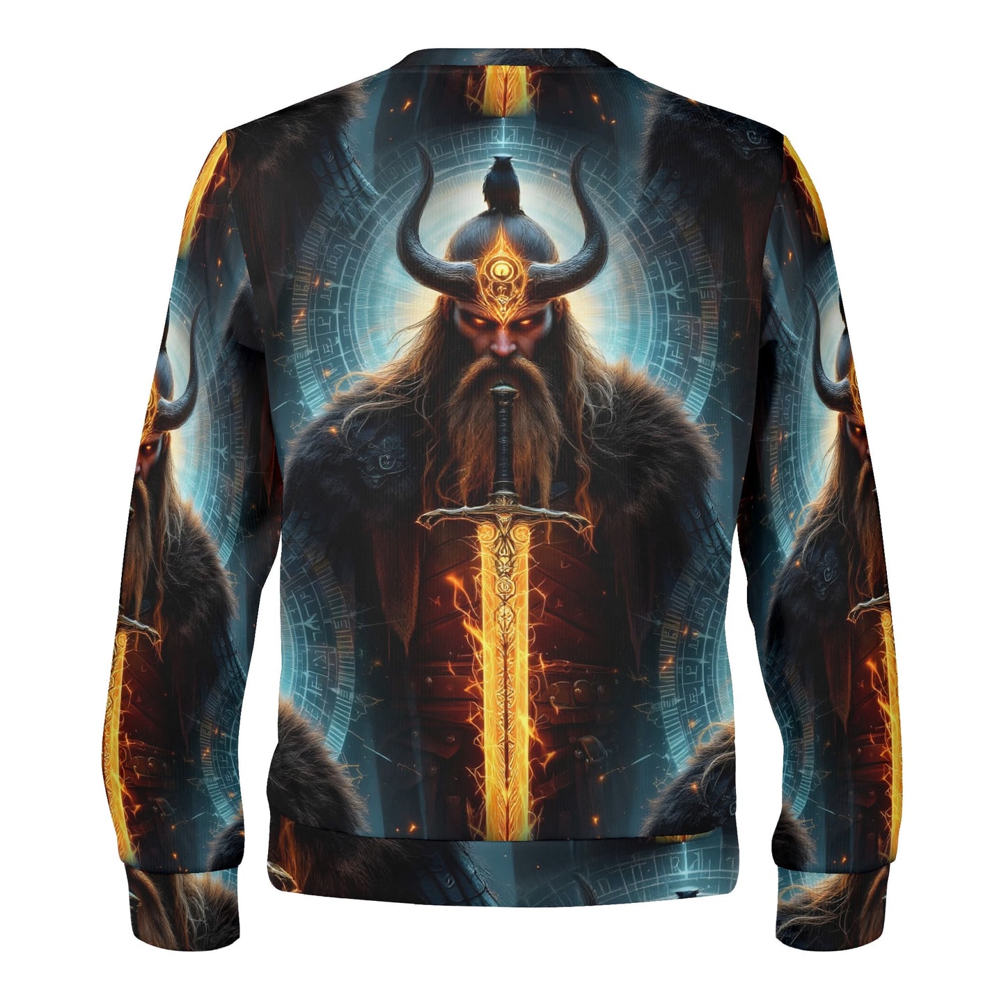 The Vikings Omen Poly French Terry Sweatshirt. Unisex sweater featuring Viking warrior with glowing sword and horned helmet