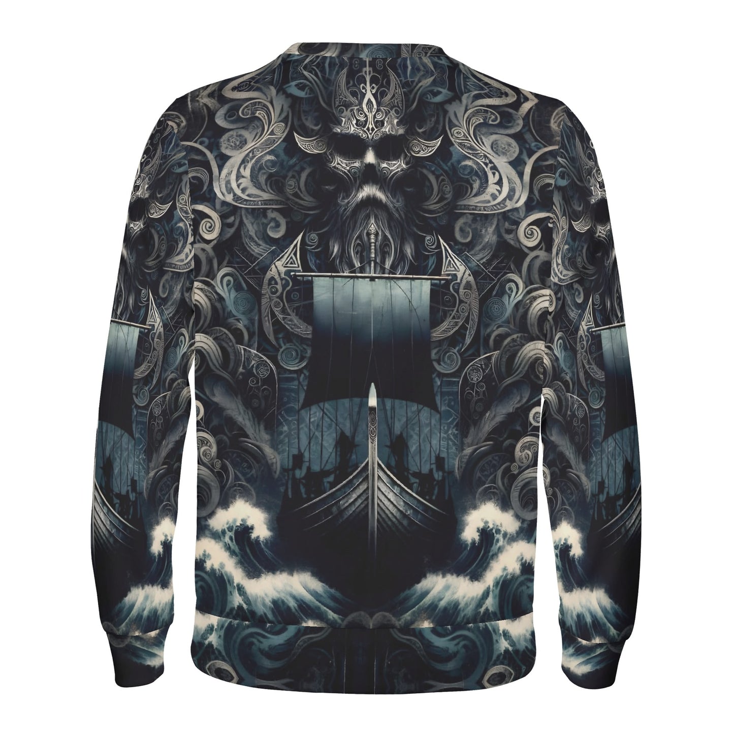 The Allfathers Wake Cotton Terry Sweatshirt unisex back view Viking ship stormy waves and Norse skull design