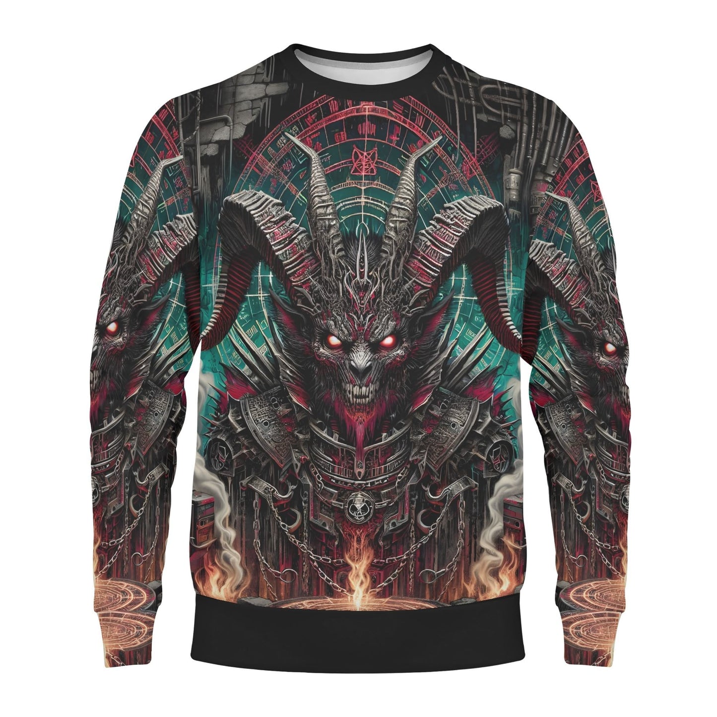 Loud and Lethal unisex sweater Mythical Monsters Baphomet Cotton Terry Sweatshirt featuring demonic goat head and fiery armor