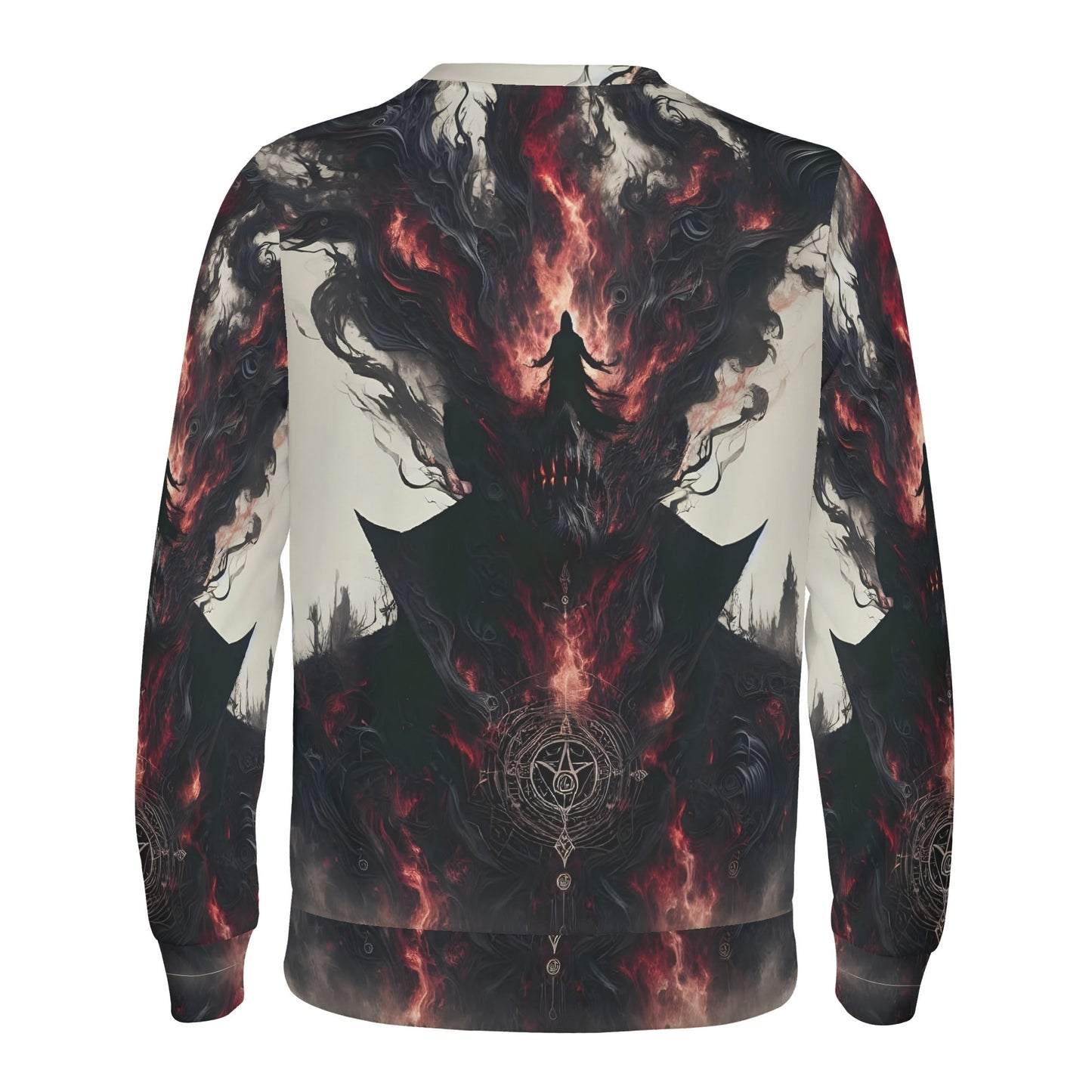 Loud and Lethal Heretics Embrace Poly French Terry Sweatshirt unisex back view with dark fiery occult demon design