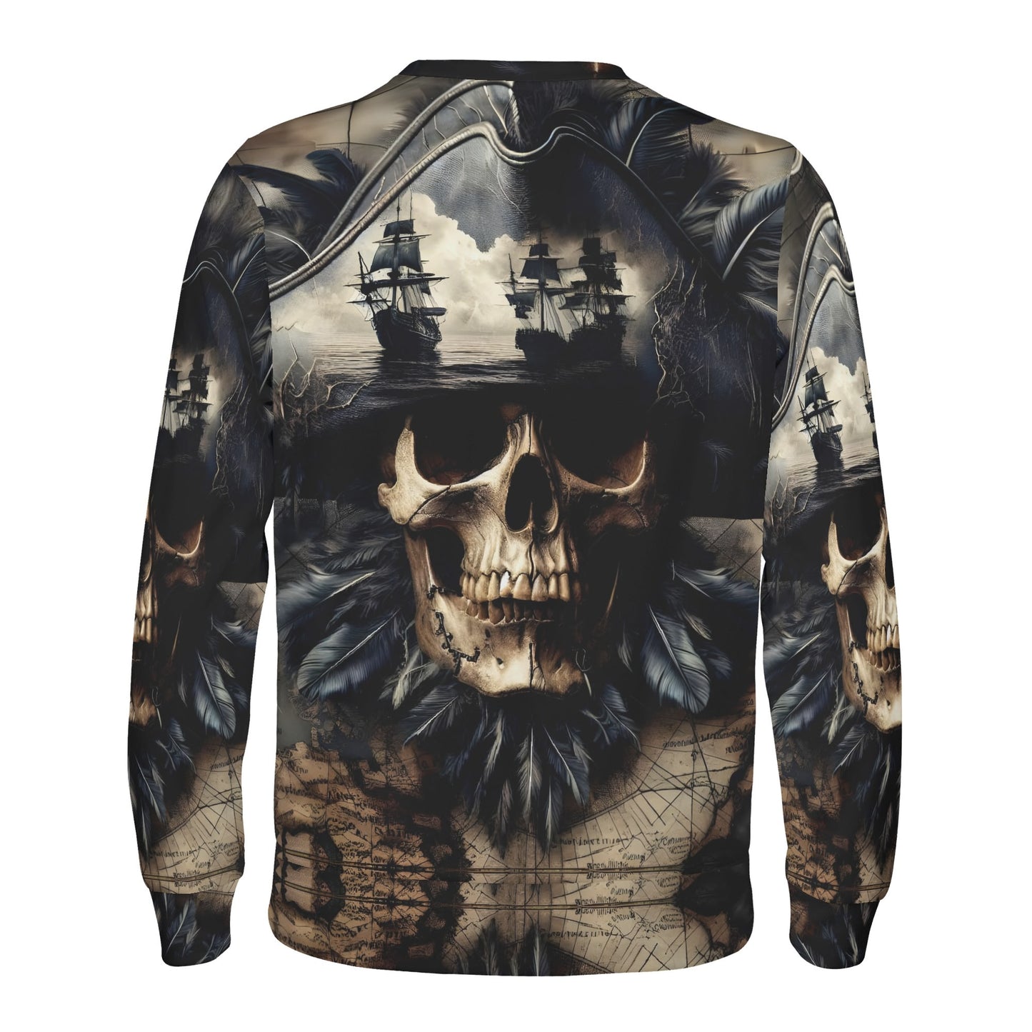 Skull and Sea Poly French Terry Sweatshirt unisex back view featuring pirate skull with ships map and feathers
