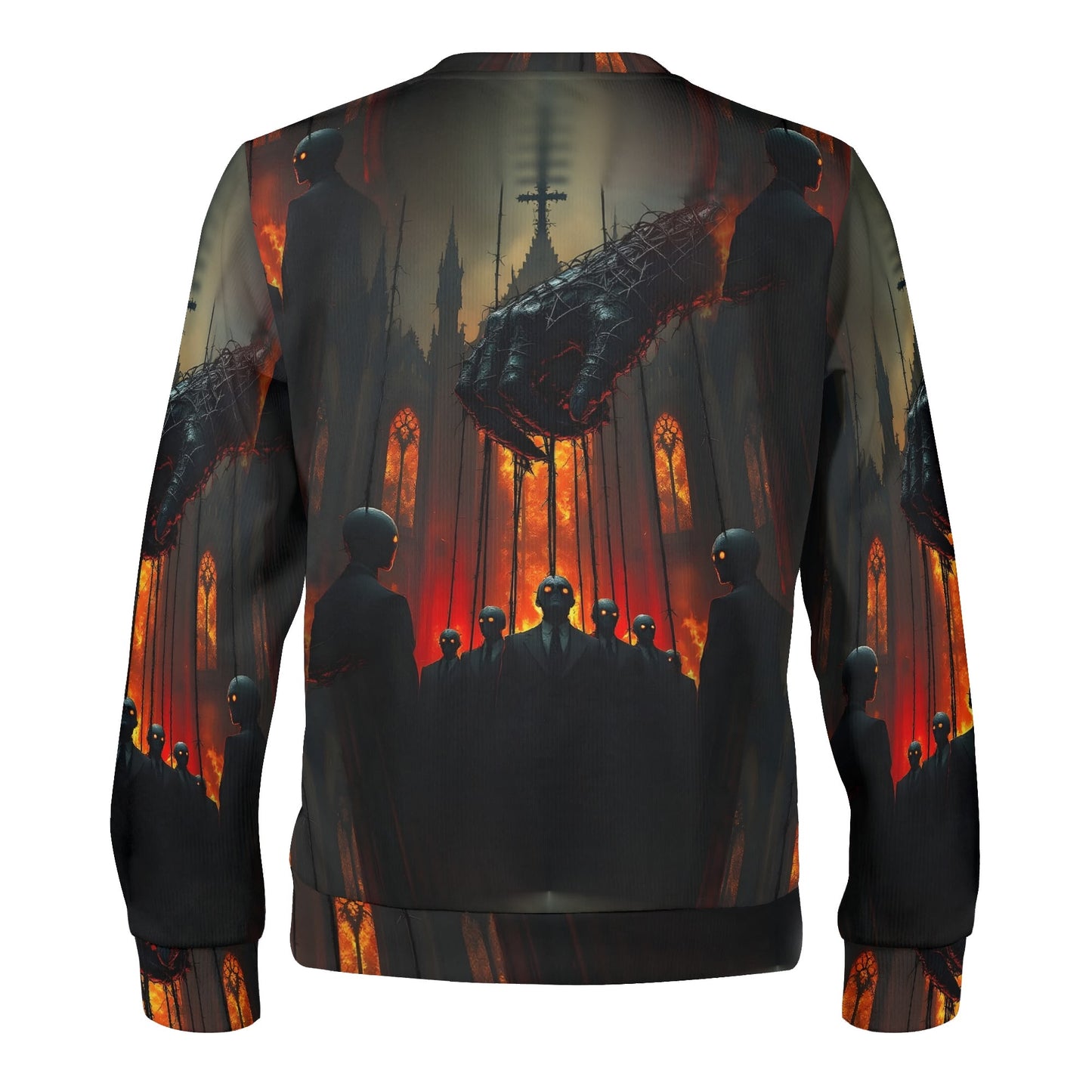Back view Loud and Lethal unisex sweater with Puppetmasters Reign Poly French Terry Sweatshirt dark puppet and fiery gothic artwork