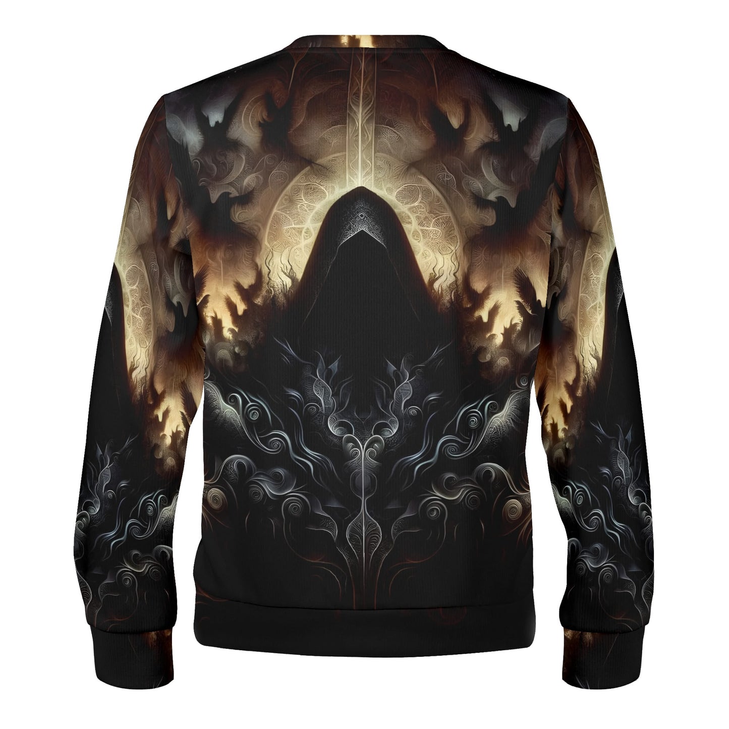 The Omen Bearer Poly French Terry Sweatshirt unisex black pullover with hooded reaper graphic and gold filigree art