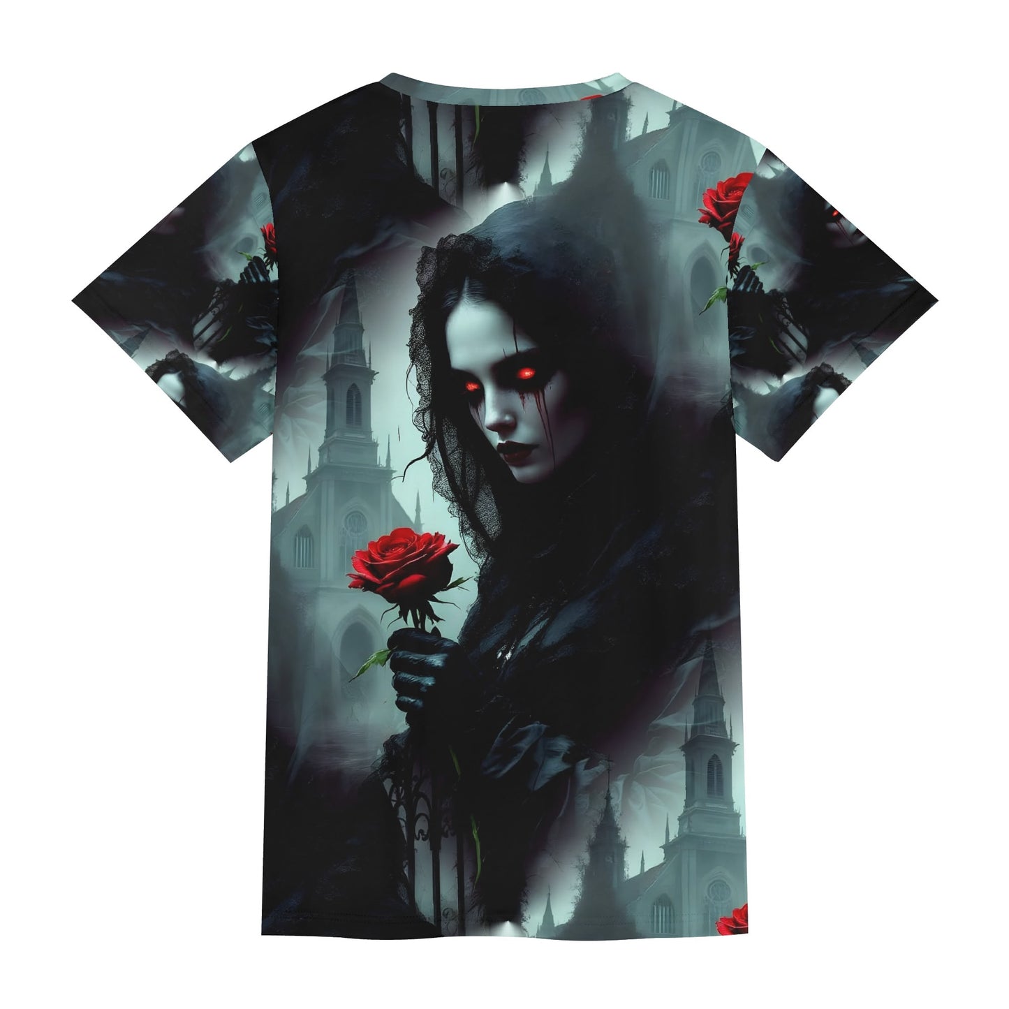 Loud and Lethal Paint It Black Lycra T-Shirt with dark gothic design and red rose accents