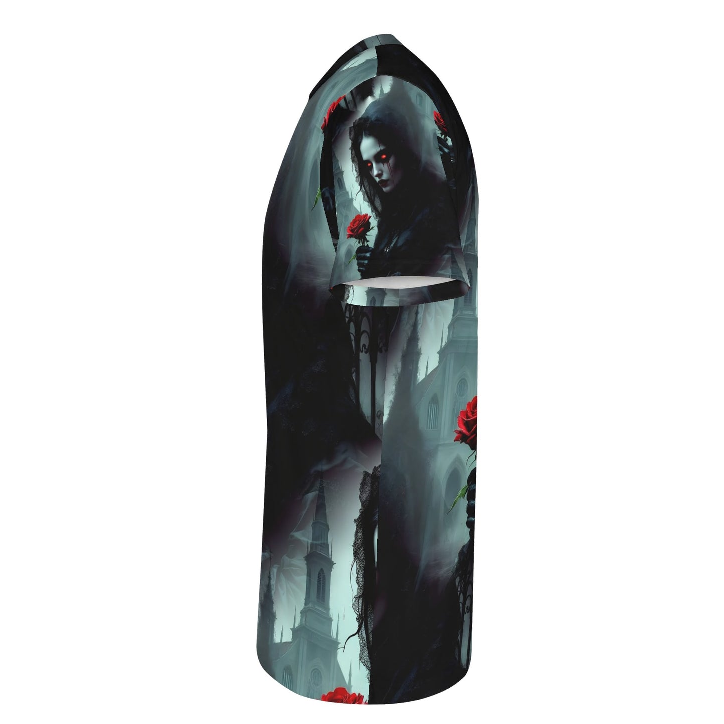 Side view of Loud and Lethal Paint It Black Lycra T-Shirt featuring dark gothic design with roses and a mysterious figure
