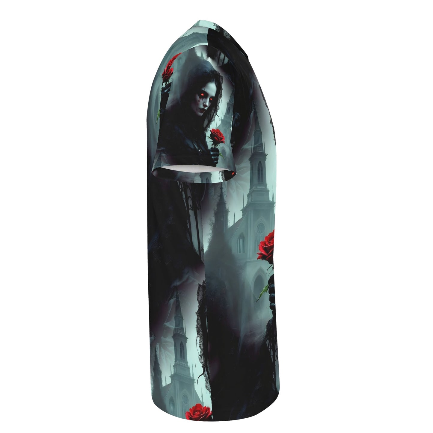 Loud and Lethal Paint It Black Lycra T-Shirt with gothic design featuring dark figure and red roses