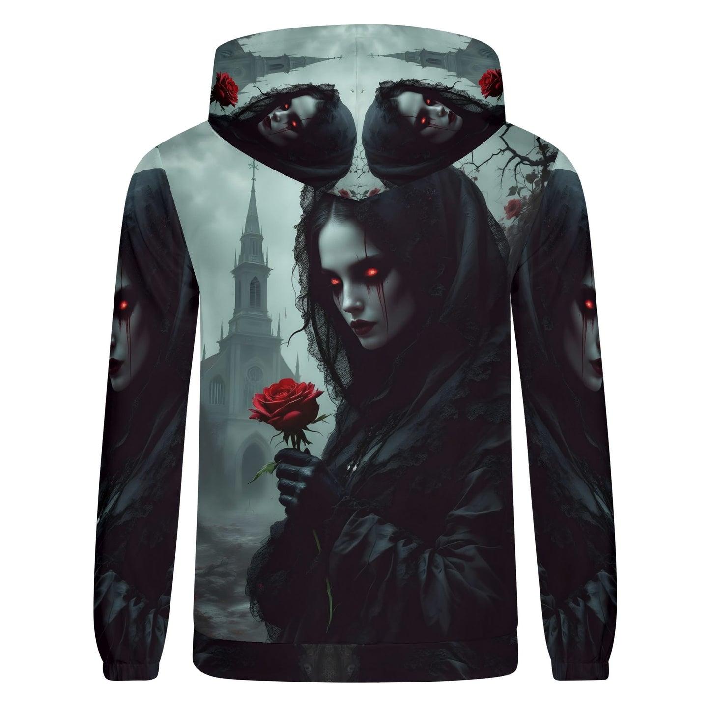 Loud and Lethal Paint It Black Poly French Terry hoodie with dark gothic design featuring a woman holding a red rose