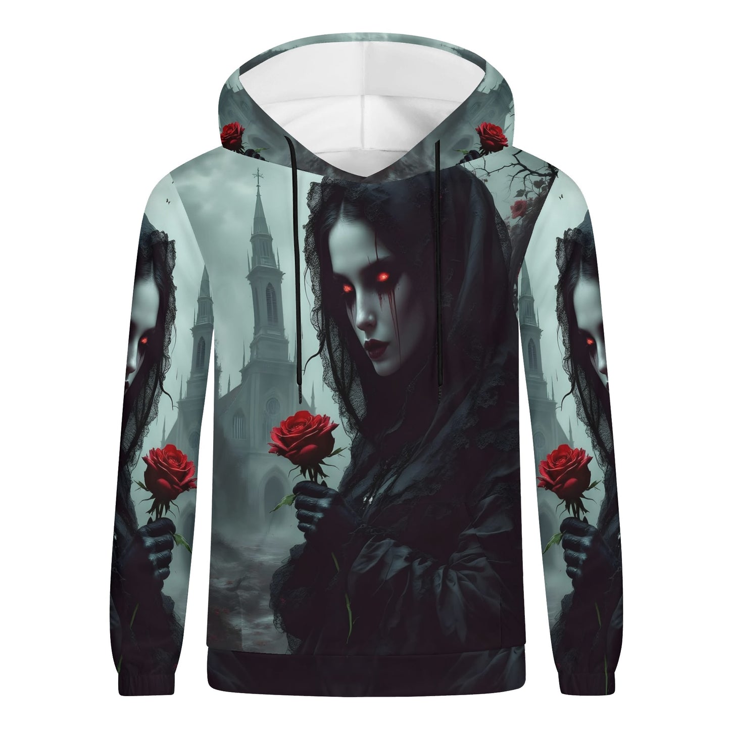 Loud and Lethal Paint It Black Poly French Terry hoodie with dark gothic design and red glowing eyes holding a red rose