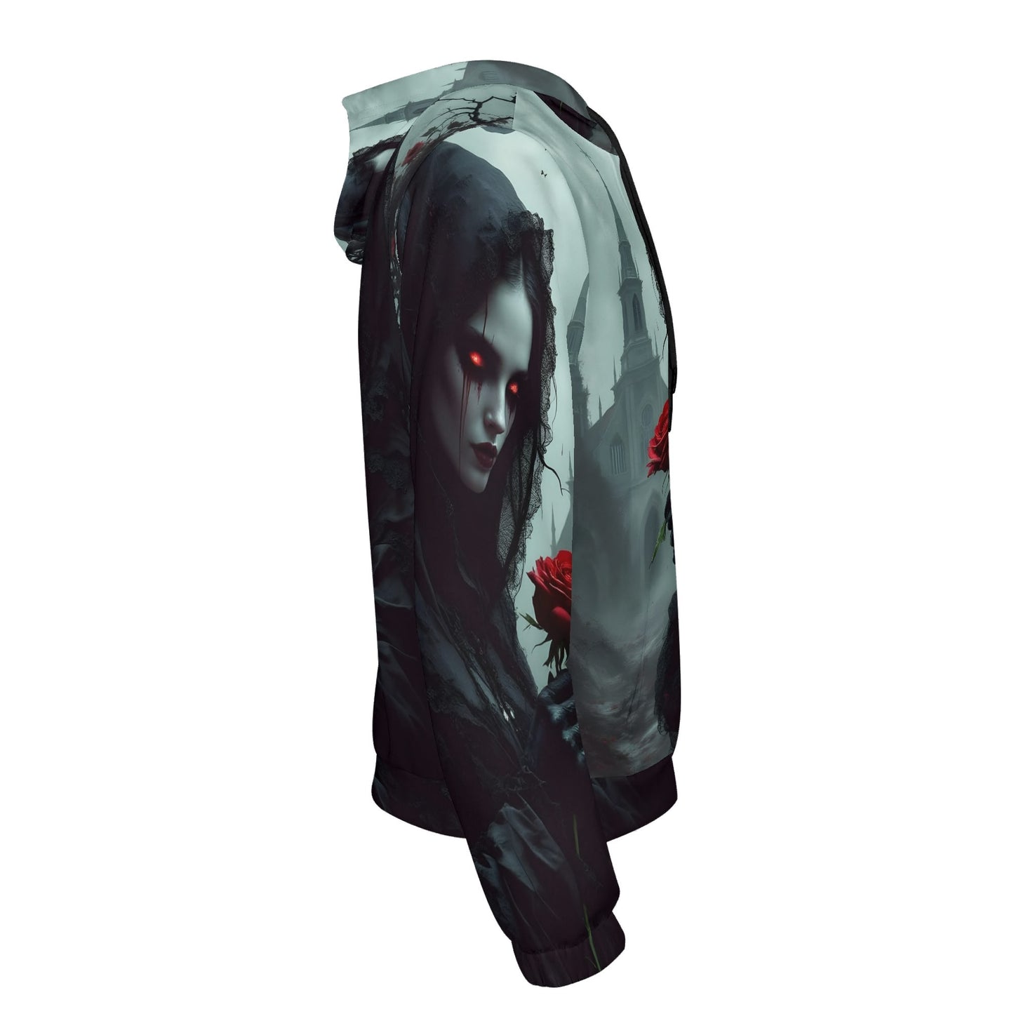 Side view of Loud and Lethal Paint It Black Poly French Terry hoodie featuring dark gothic art with red glowing eyes and red roses