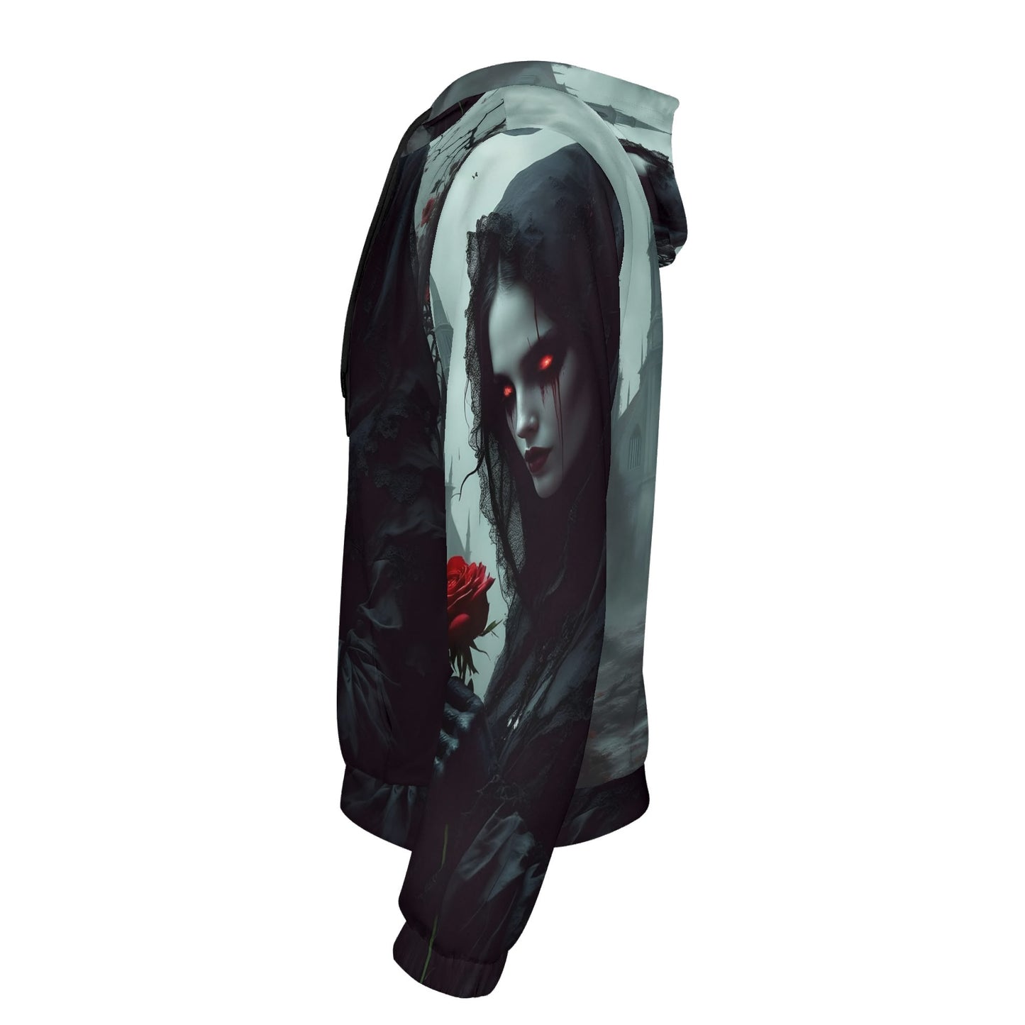 Loud and Lethal Paint It Black Poly French Terry hoodie with dark gothic art and red glowing eyes