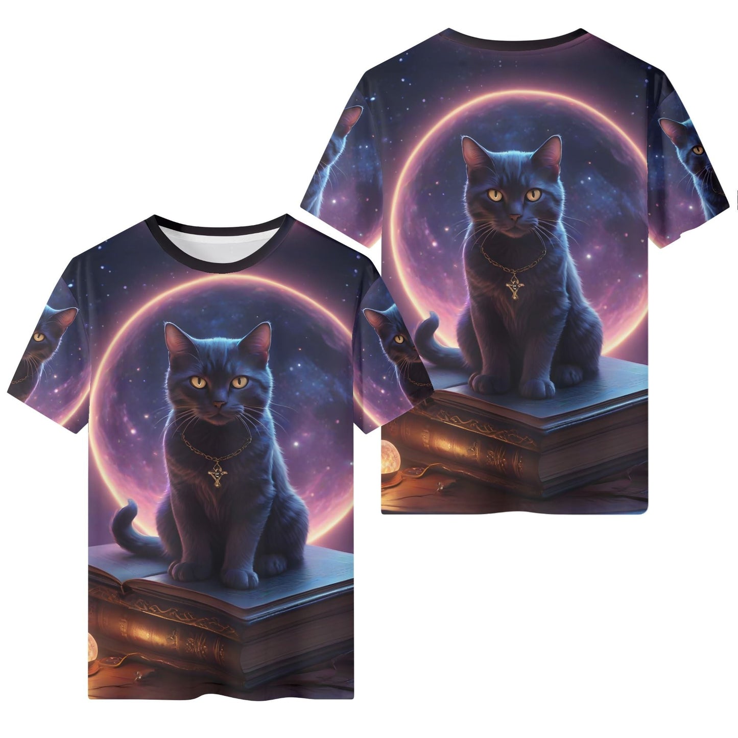 Paws and Prophecy Organic Cotton Kids T-Shirt featuring a mystical black cat with a glowing celestial background