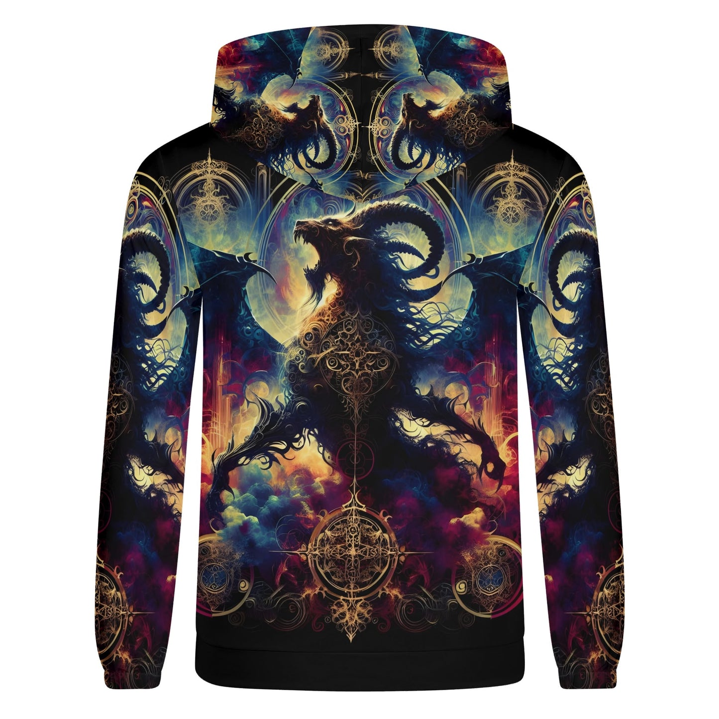 Loud and Lethal Phantom Blaze Poly French Terry hoodie with dark fantasy dragon design and intricate gold patterns