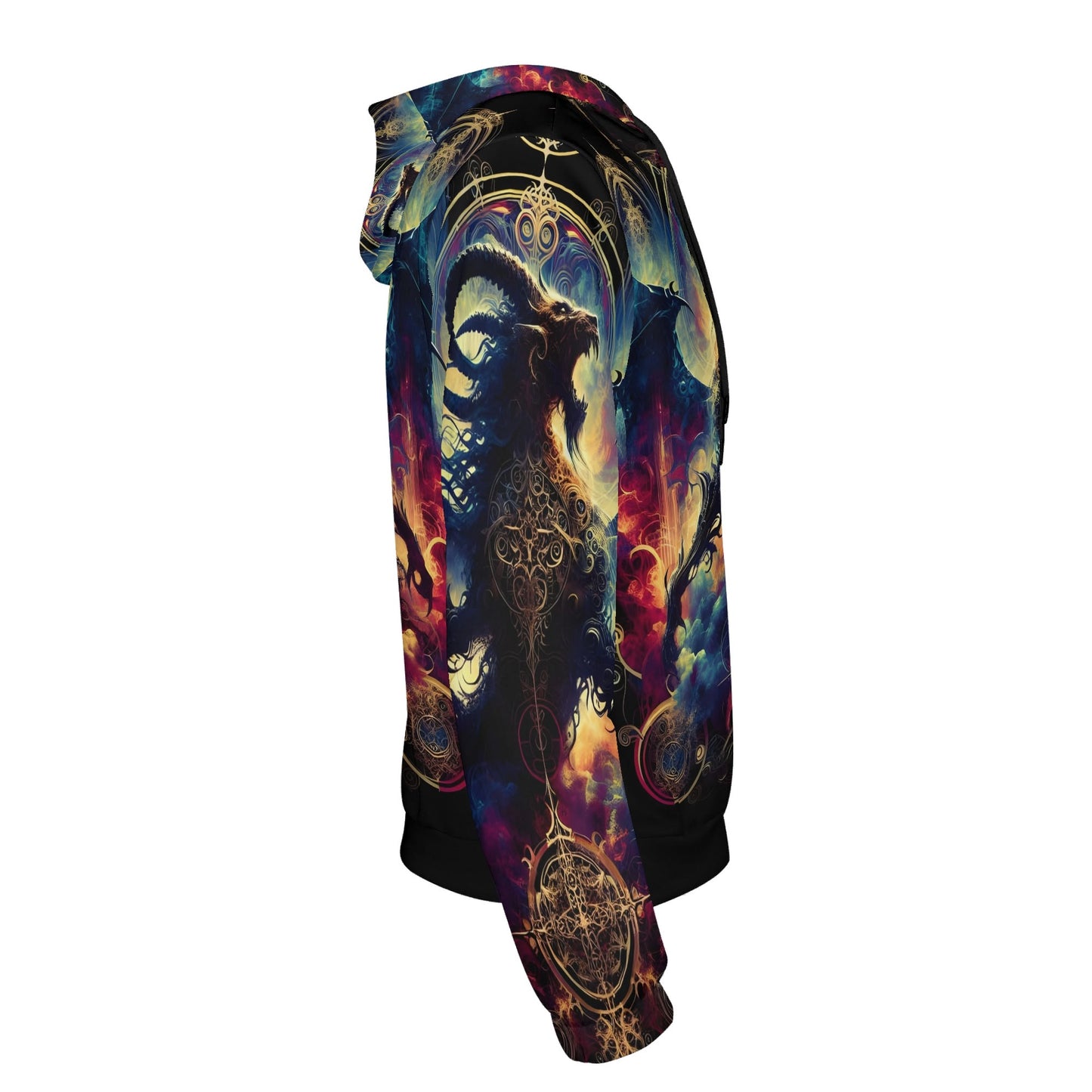 Loud and Lethal Phantom Blaze Poly French Terry hoodie with vibrant goat and celestial design in dark tones