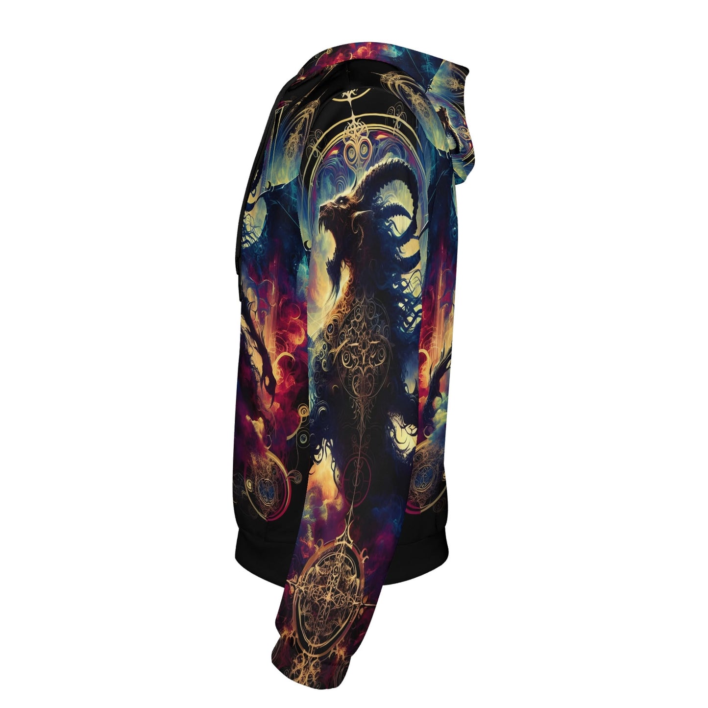Side view of Loud and Lethal Phantom Blaze Poly French Terry hoodie with fiery ram design and intricate patterns