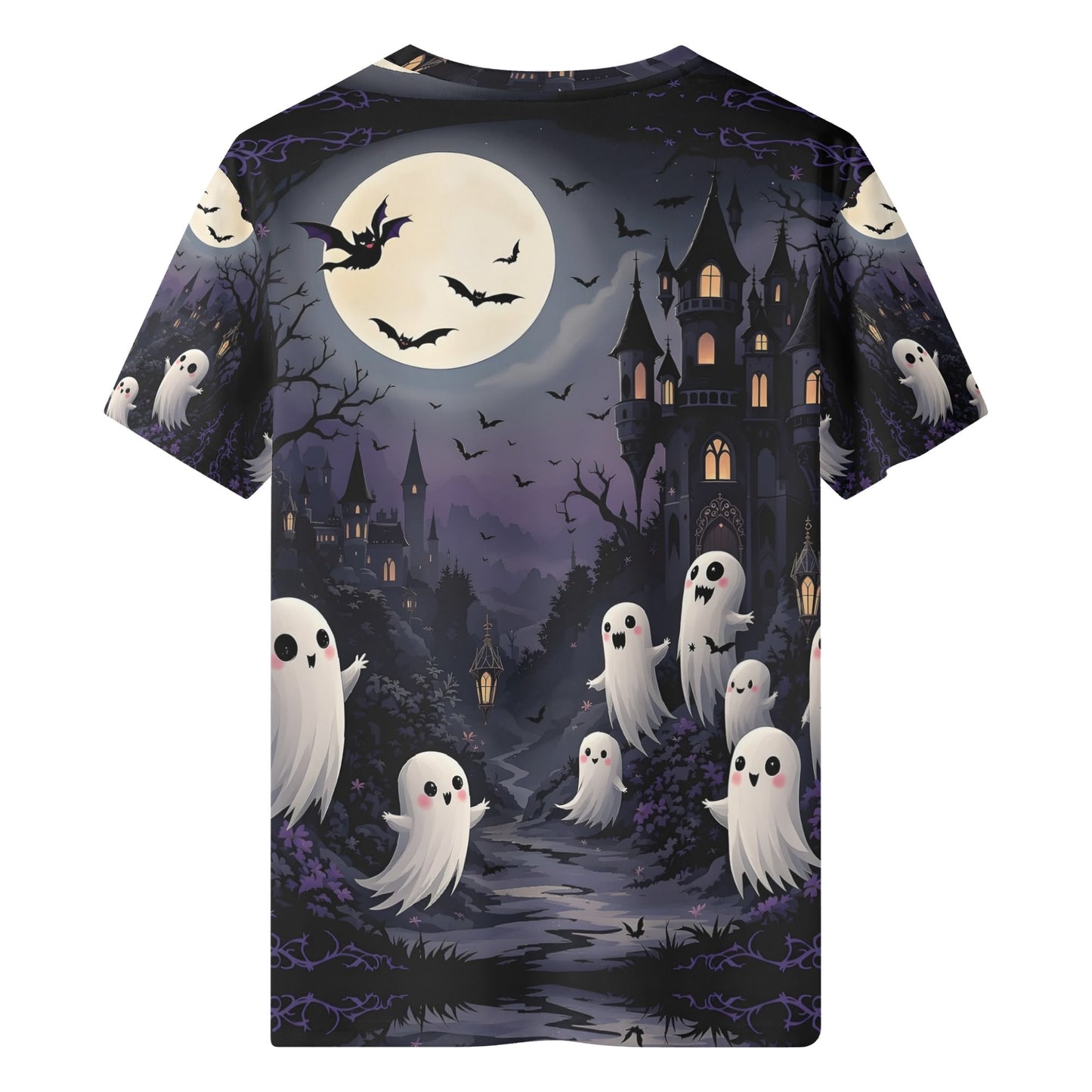 Phantom Playground Organic Cotton Kids T-Shirt with spooky ghost and haunted castle design