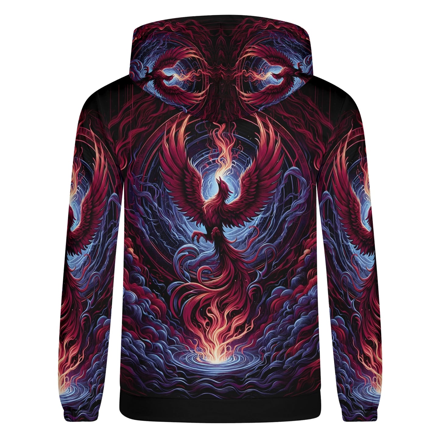 Phoenix Fury Poly French Terry hoodie by Loud and Lethal featuring vibrant phoenix and fiery design on black background
