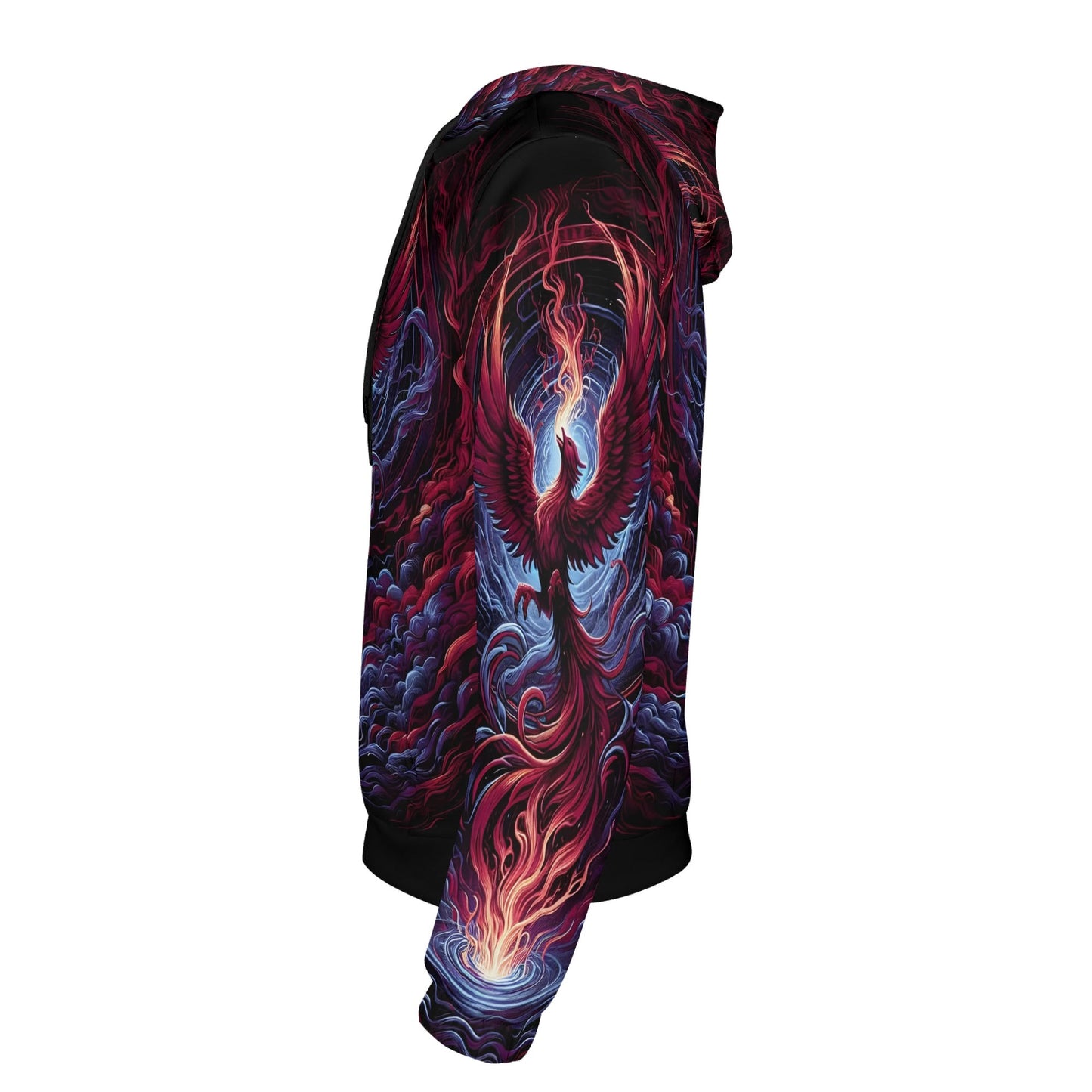 Unisex Phoenix Fury Poly French Terry hoodie by Loud and Lethal with vibrant phoenix flame design
