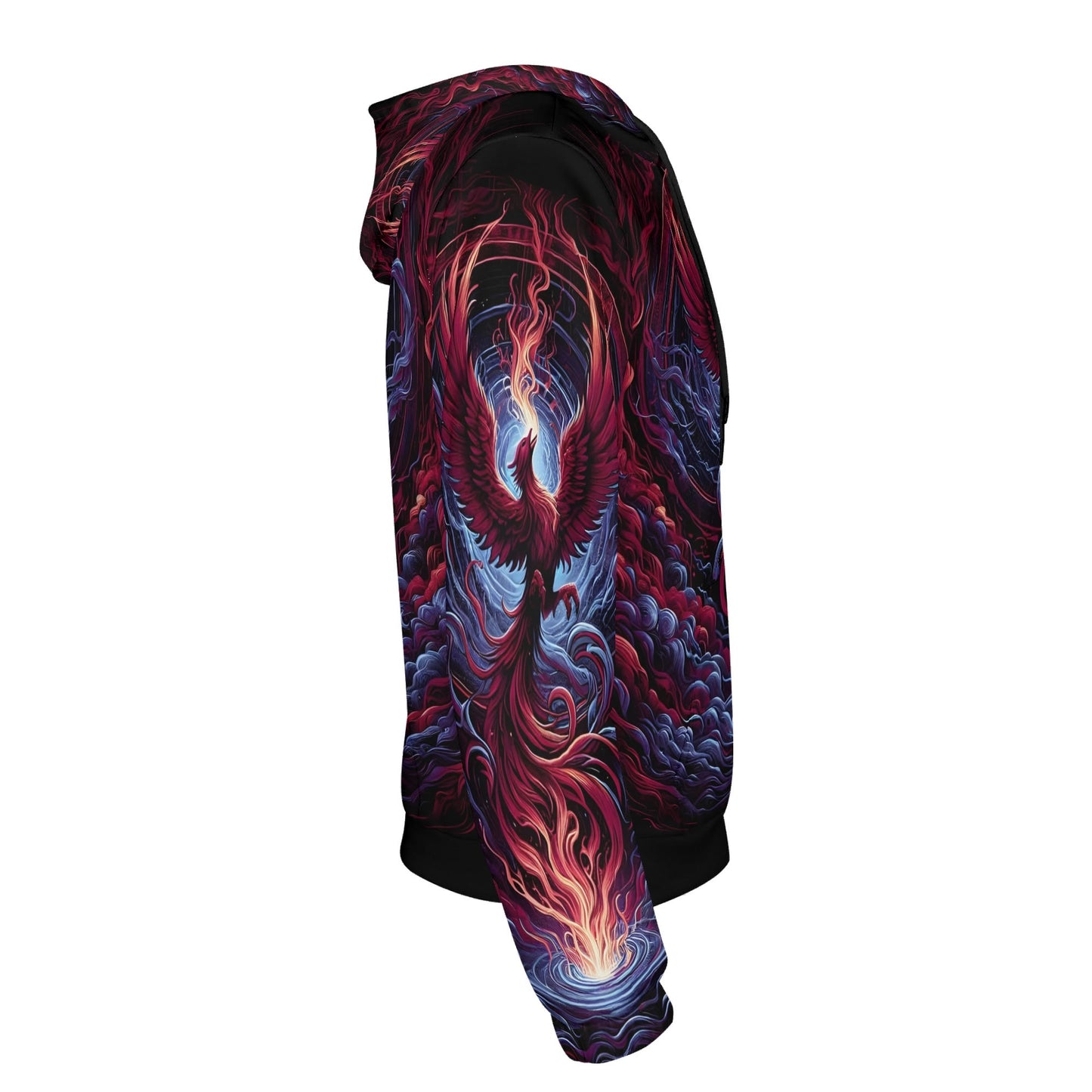 Side view of Loud and Lethal Phoenix Fury Poly French Terry hoodie with vibrant phoenix design