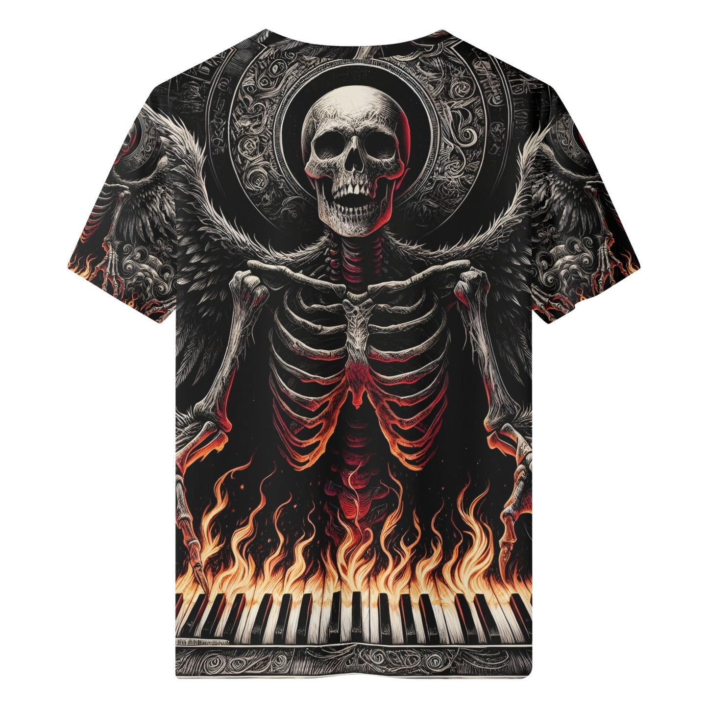 Loud and Lethal Piano of Souls 100 Cotton T-Shirt with skeleton playing piano and fiery wings design