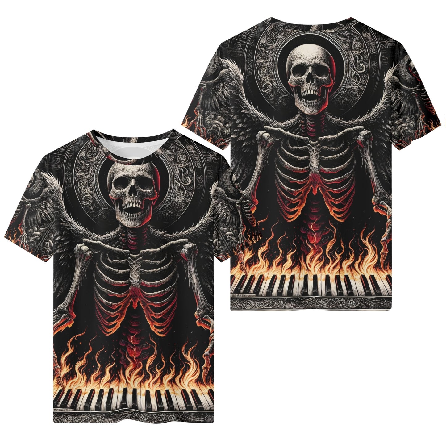 Piano of Souls 100 Cotton T-Shirt with skeleton and fiery piano keys graphic by Loud and Lethal