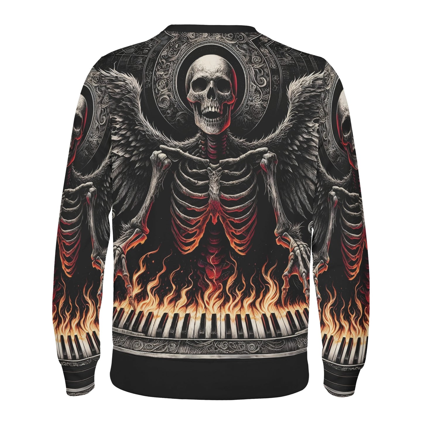 Loud and Lethal Piano of Souls Poly French Terry Sweatshirt back view with skeletal winged figure over flaming piano keys