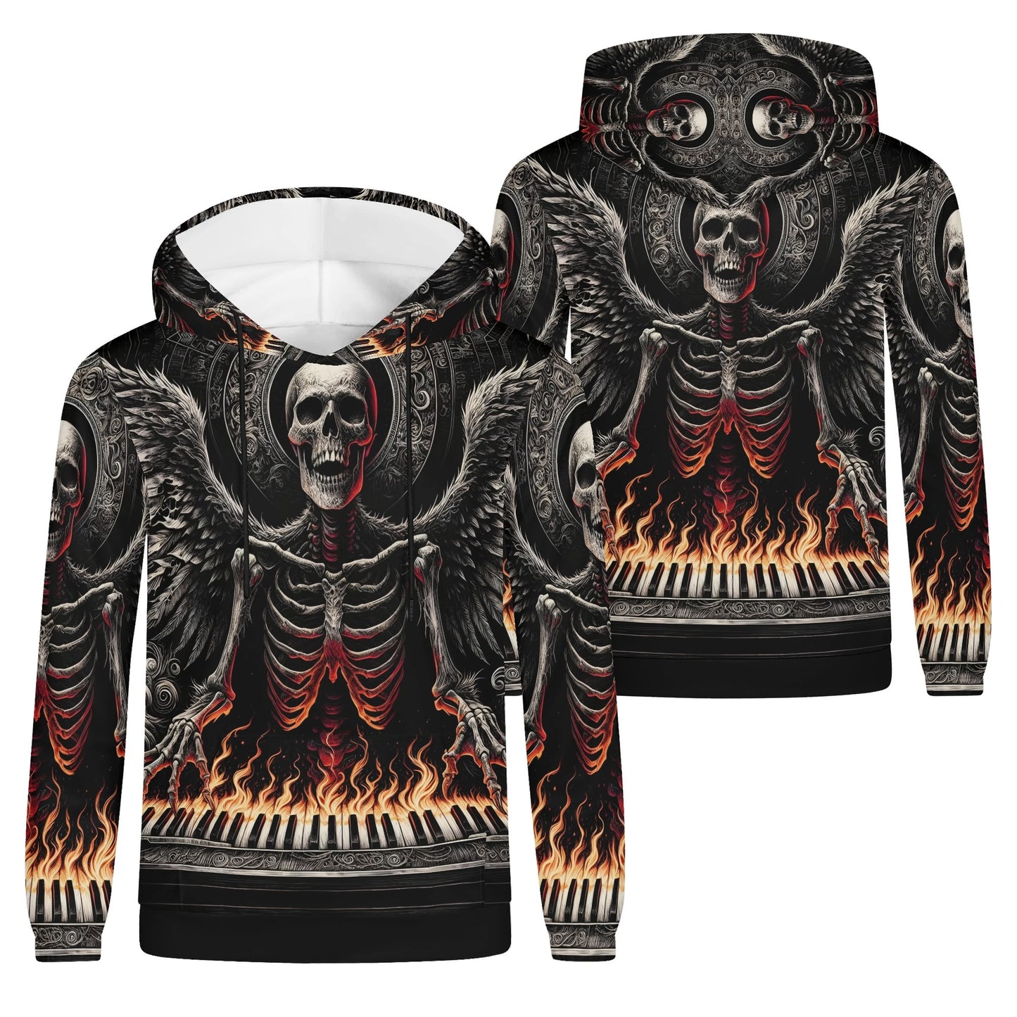 Piano of Souls Poly French Terry Hoodie by Loud and Lethal with flaming piano keys and winged skeleton design